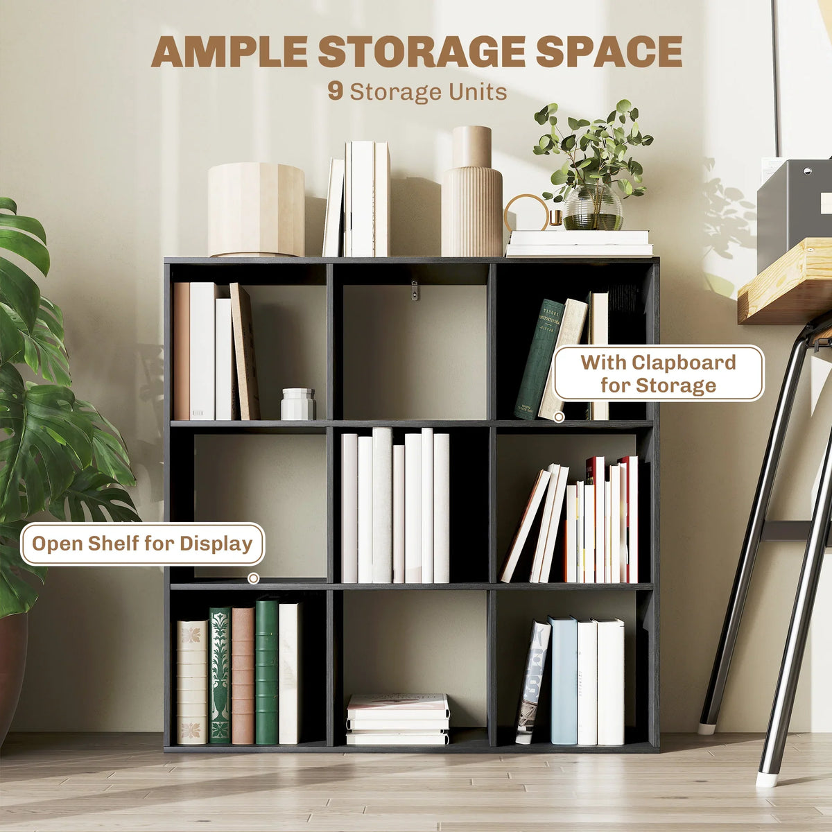 Black nine-cube book storage shelf with open cubbies and display spaces