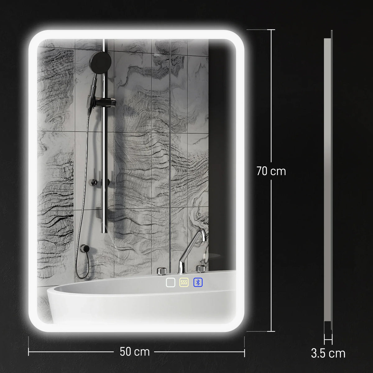 Square LED bathroom mirror with glowing border, 70 x 50 cm size