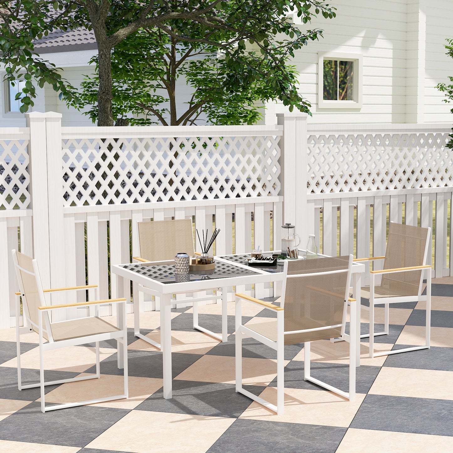 Outsunny 5 Piece Garden Furniture Set With 4 Armchairs And Tempered Glass Tabletop For Deck Balcony
