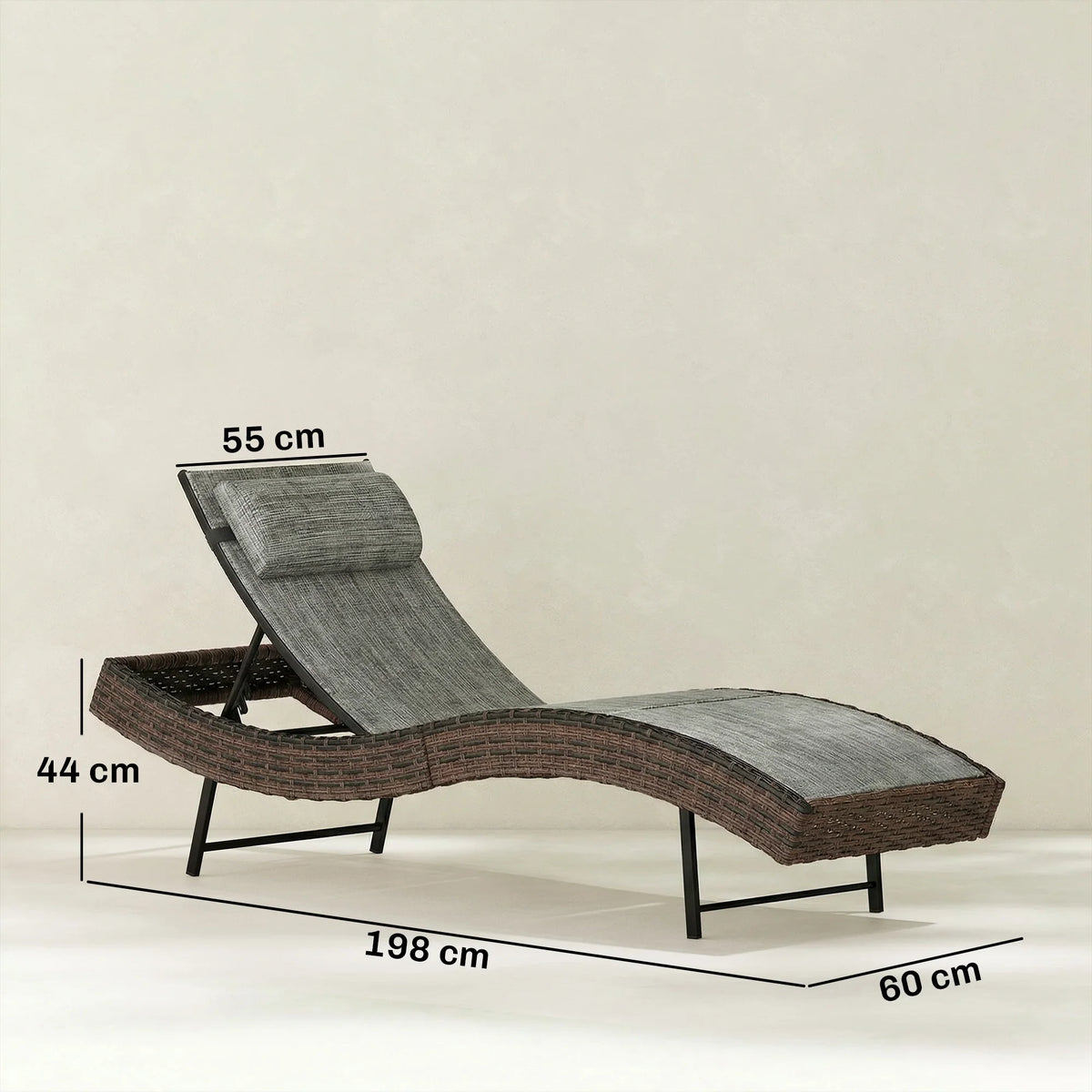 Brown rattan sun lounger with five-position adjustable back and headrest, gray texteline seat