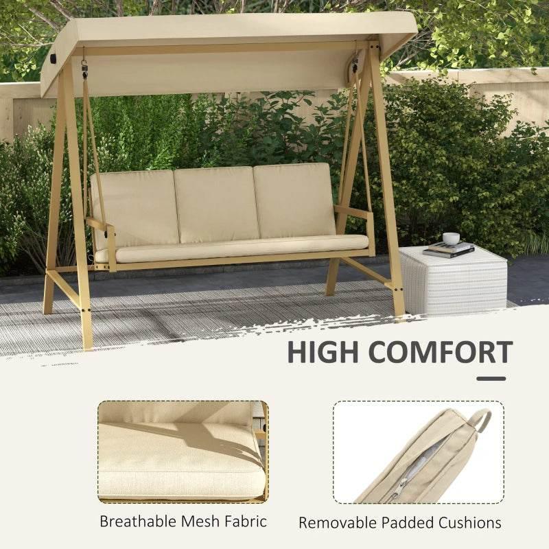 Beige three-seat garden swing chair with canopy and removable padded back cushions