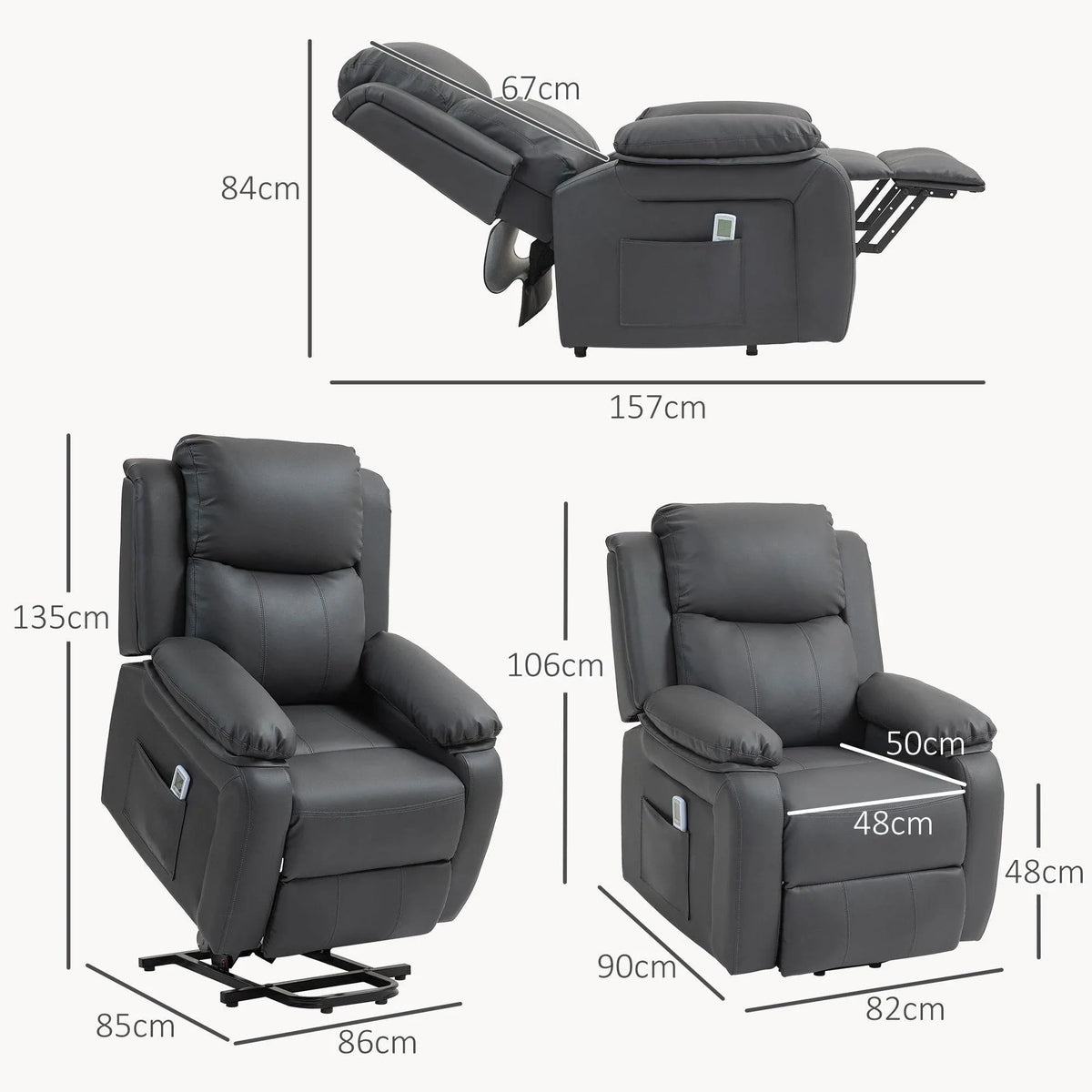Dark grey power lift recliner chair with lift base; side and front dimension diagram