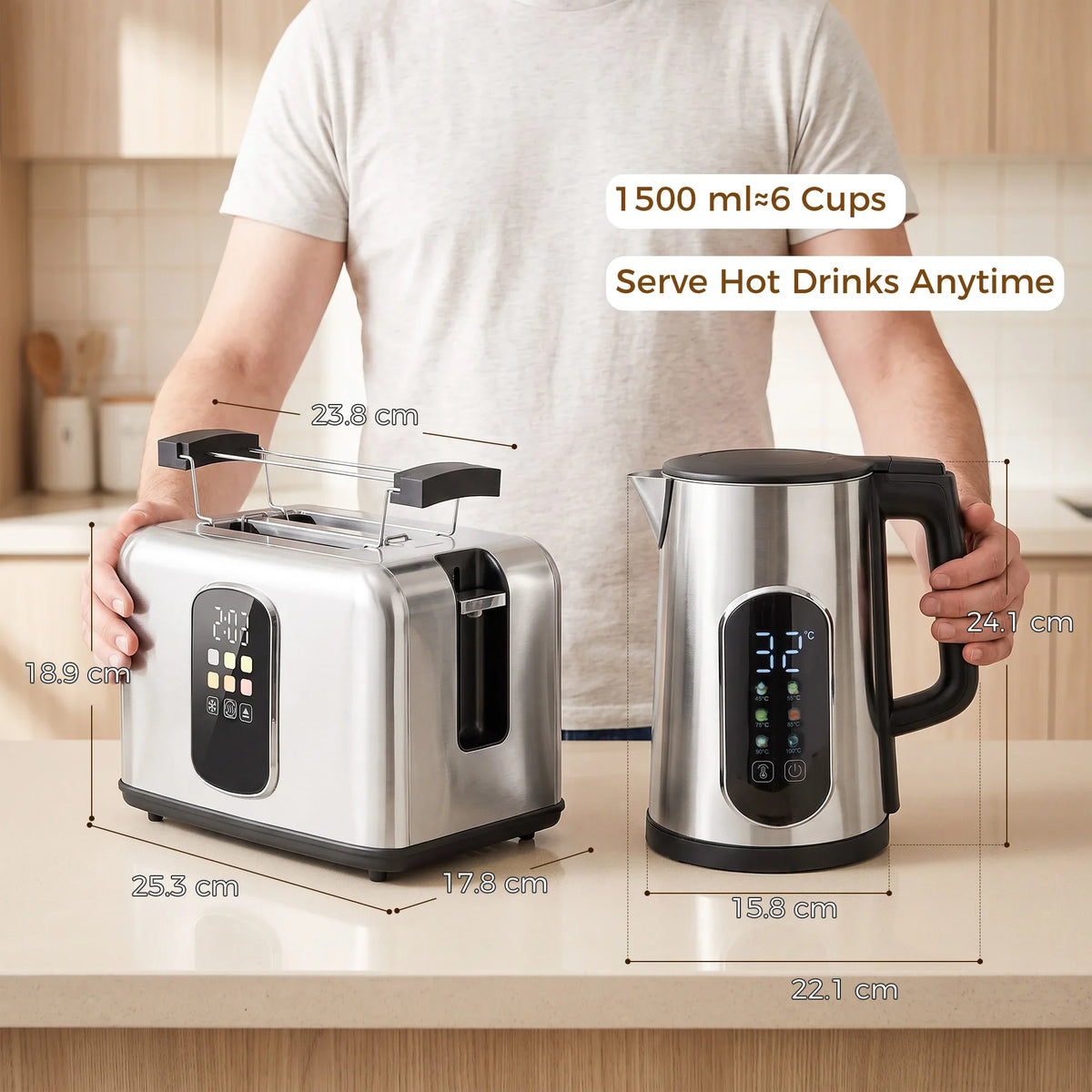 Stainless steel toaster and electric kettle with LED touch screens for hot drinks
