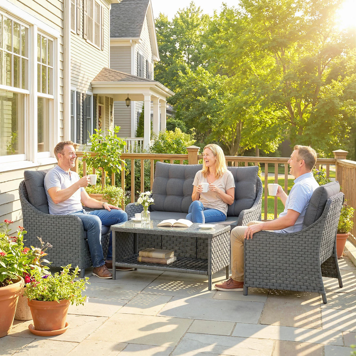 Dark grey 4-piece wicker patio seating set with loveseat, armchairs, and glass coffee table