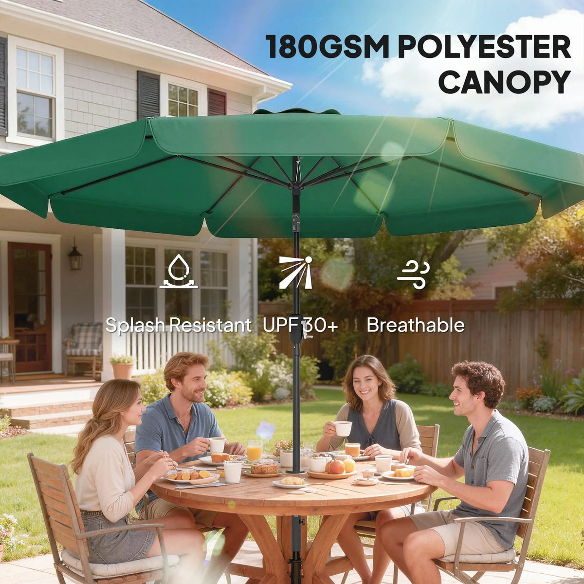 Green patio parasol canopy, splash-resistant, breathable UPF 30 polyester