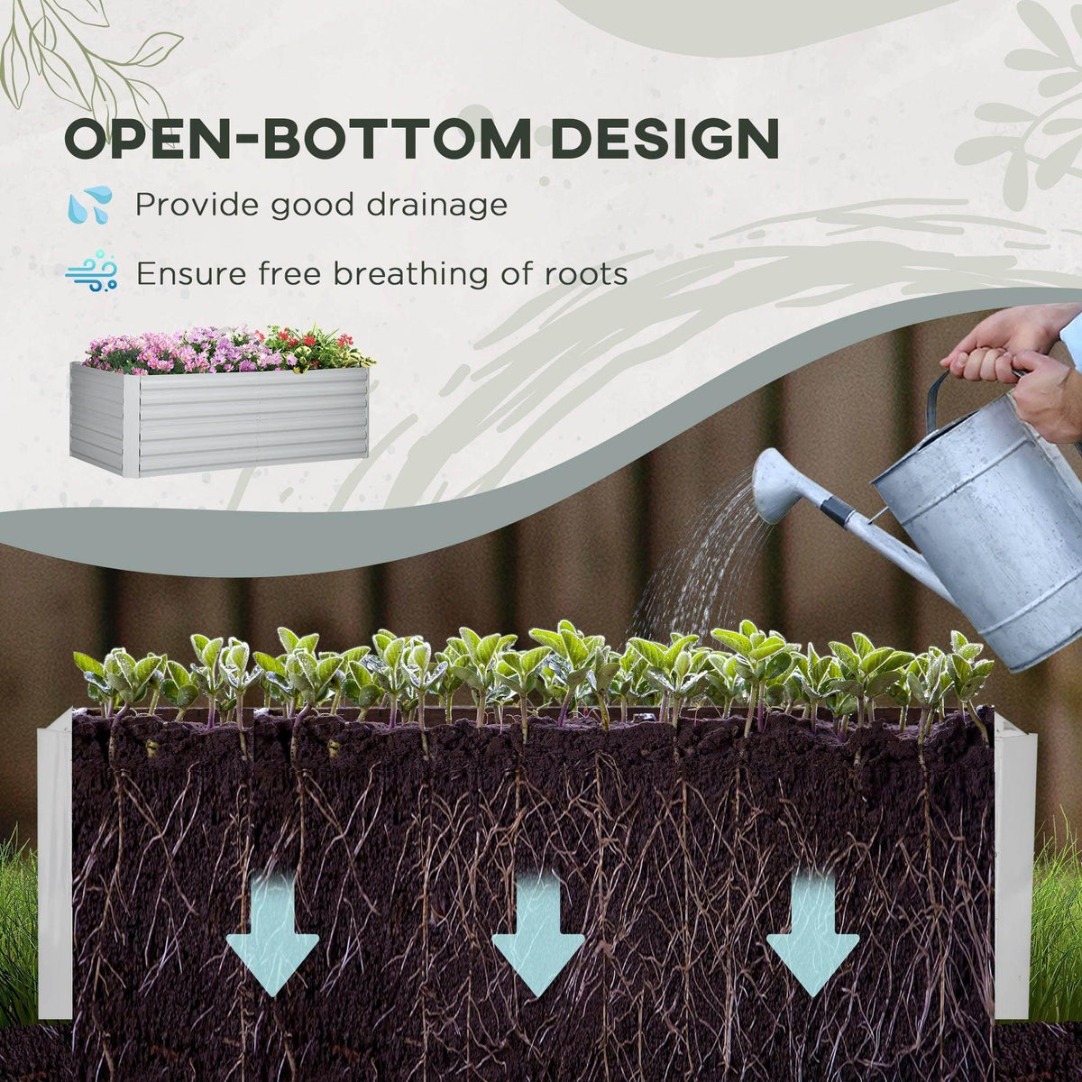 Light grey raised bed with open-bottom base and watering can over seedlings