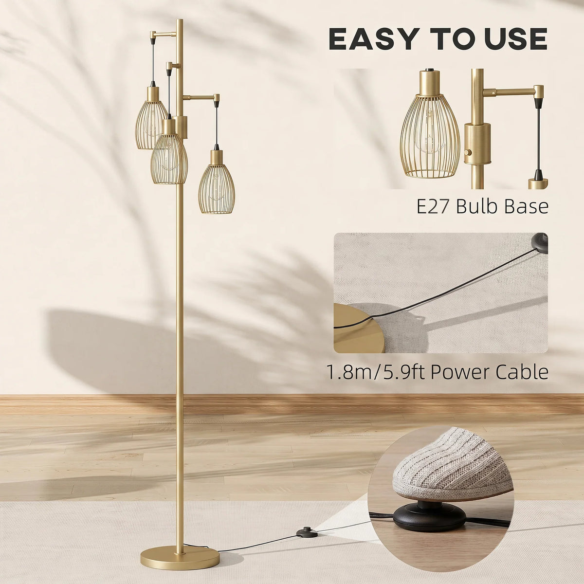 Gold-tone industrial floor lamp with three E27 bulbs and wire cage shades, with power cable