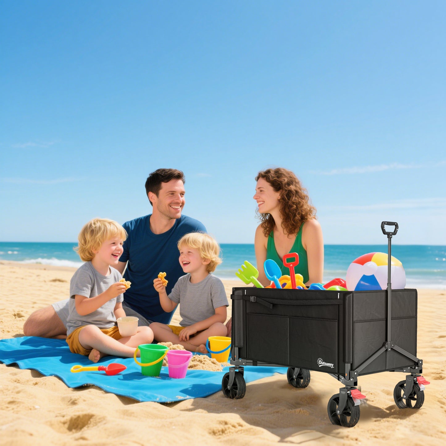 Outsunny Foldable Camping Trolley Cart 150L Open Sides Adjustable Handle Brakes For Shopping Beach Garden Fishing Black