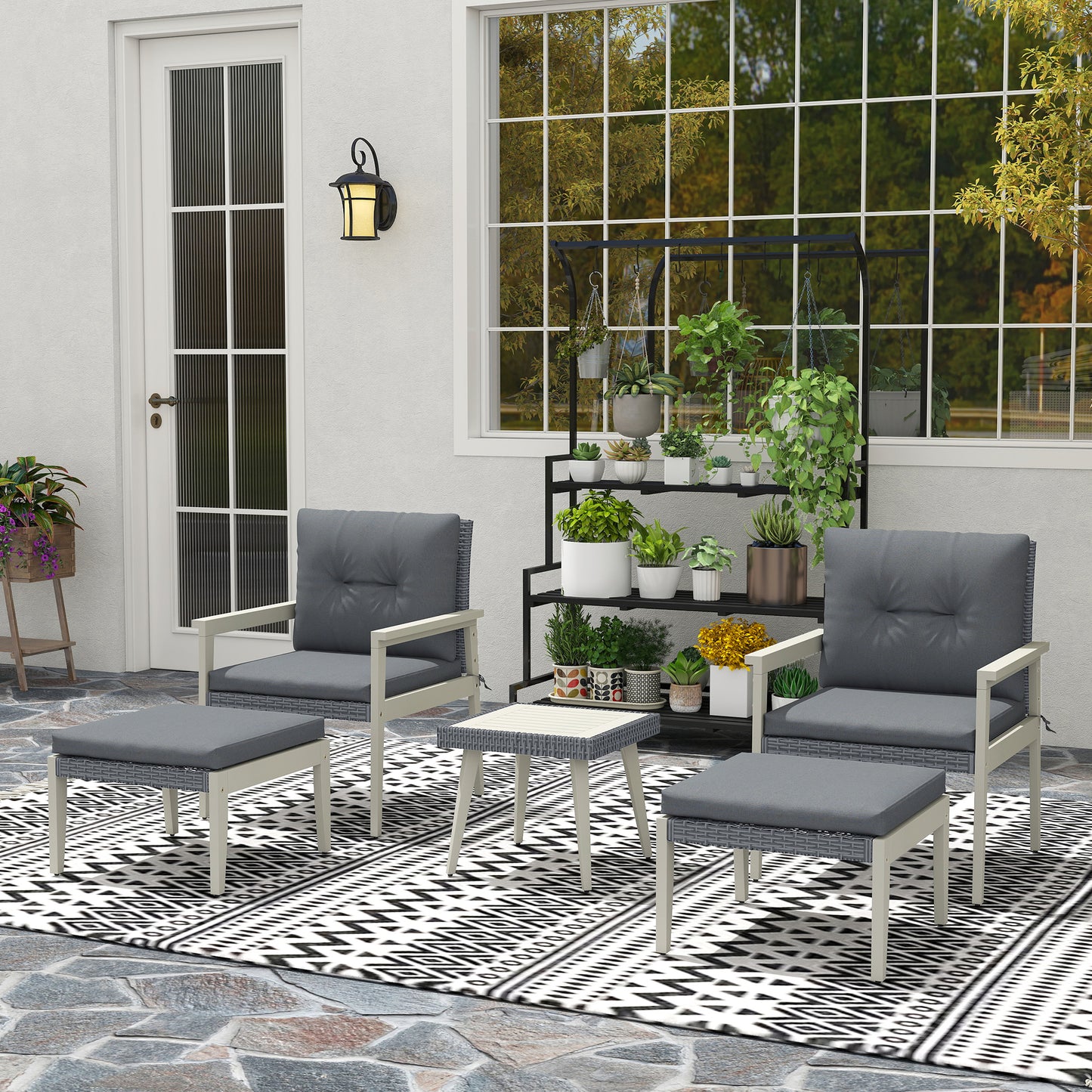 Outsunny Five Piece Rattan Patio Set With Acacia Wood Top Table Grey Outdoor Furniture