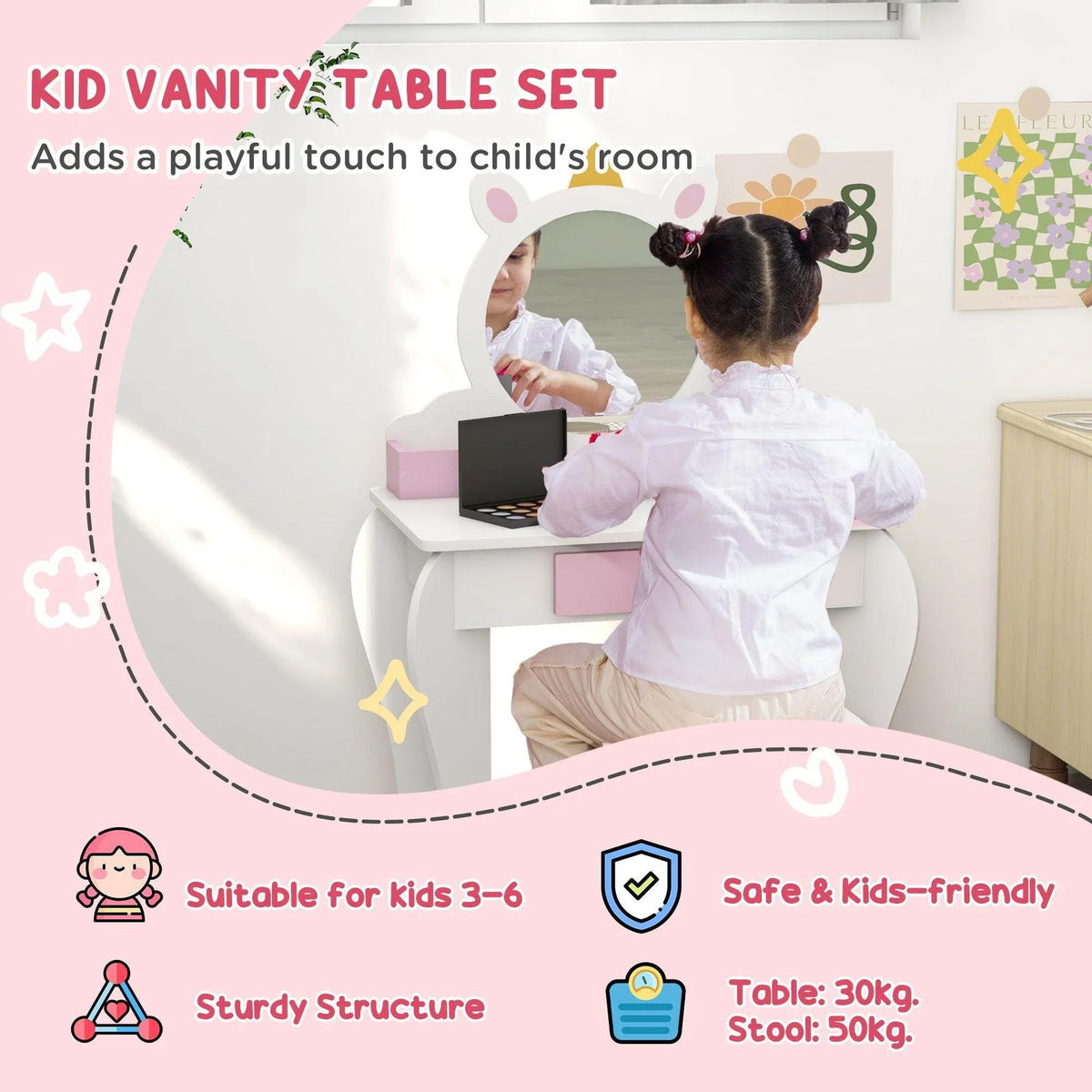 White kids vanity table set with unicorn mirror and pink drawer, plus matching stool