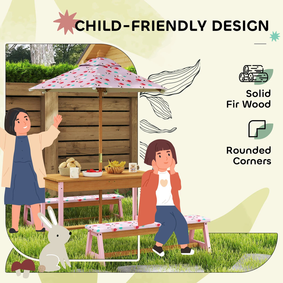 Kids picnic table set with removable umbrella and pink-edged bench on green grass