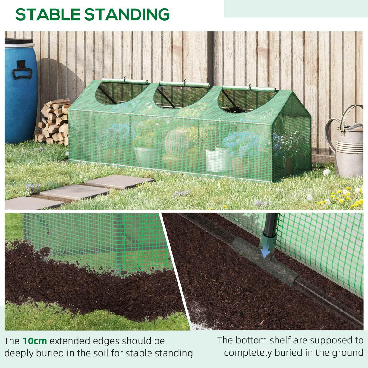 Green mini greenhouse with mesh PE cover and roll-up window sections