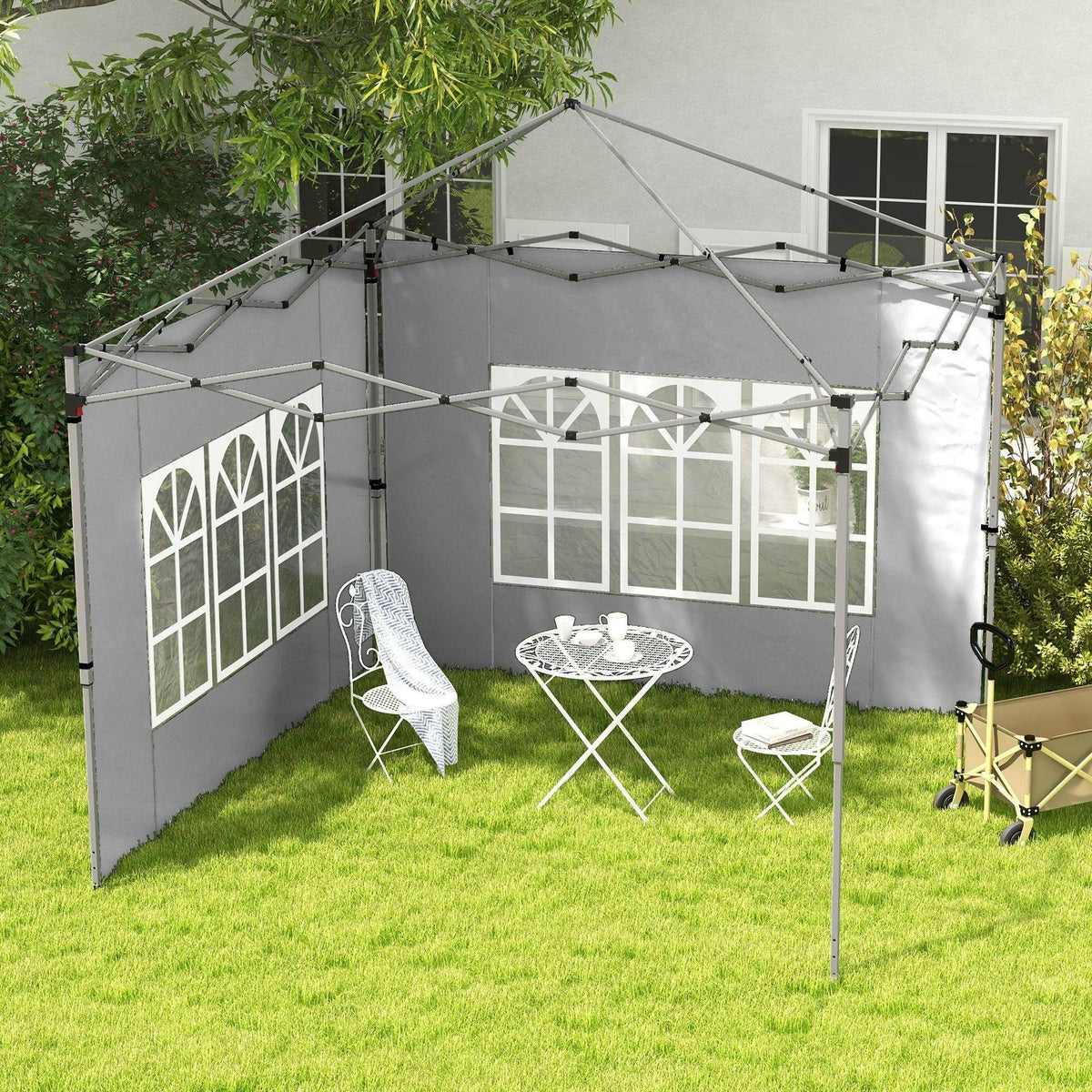 Grey gazebo side panels with white arched window grid design, 2-pack