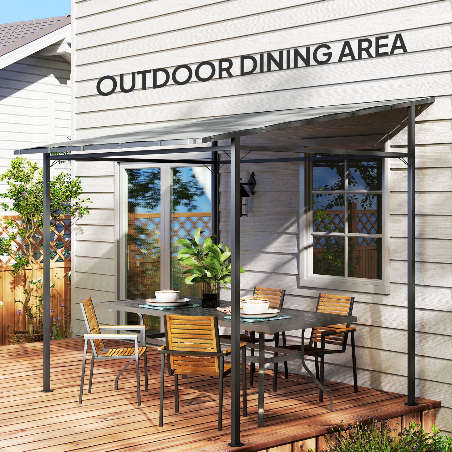 Outsunny 2.4 by 2.4 m Wall Mounted Pergola Gazebo with PA Coated Fabric and UPF 30 Metal Frame Lean To Light Grey