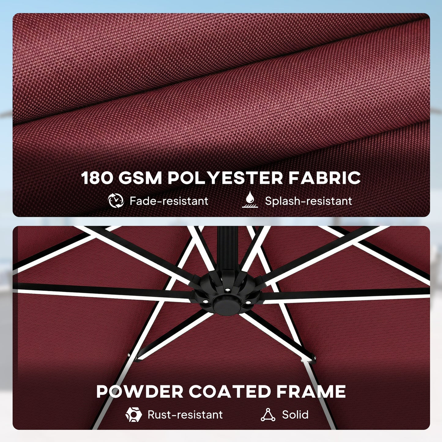 Outsunny 3 Meter Cantilever Garden Parasol With LED Solar Light And Cover Umbrella 360 Degree Rotation Wine Red