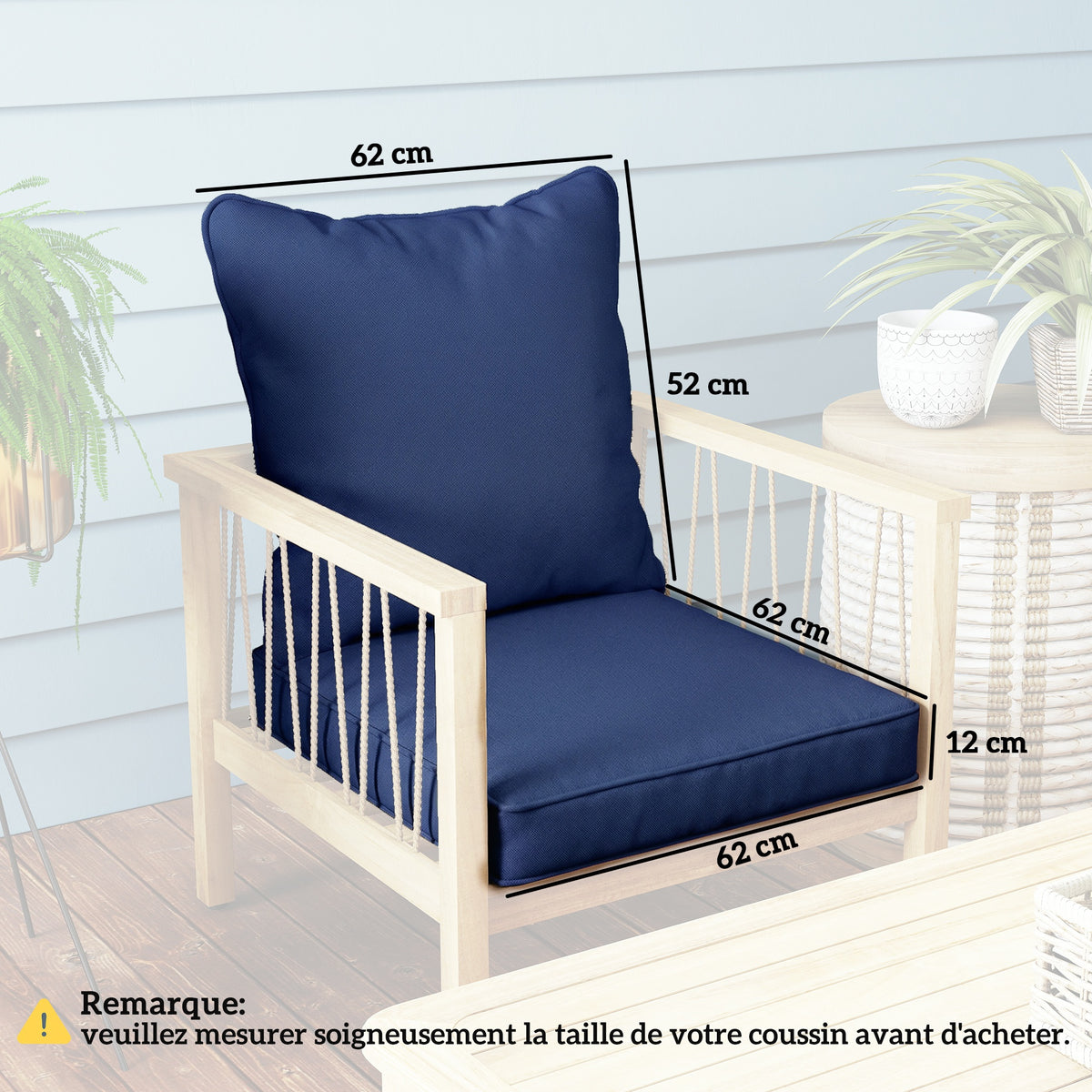 Dark blue outdoor lounge chair seat and back cushions with stitched seams, 62x52 cm