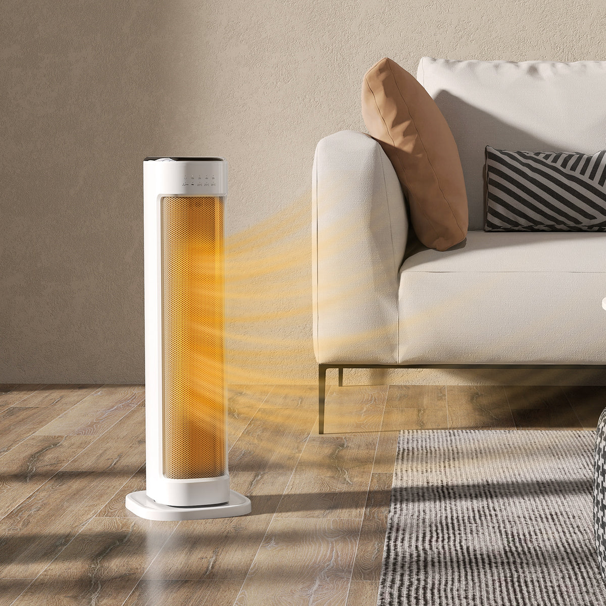 White ceramic tower electric heater with glowing heat core beside a couch and rug