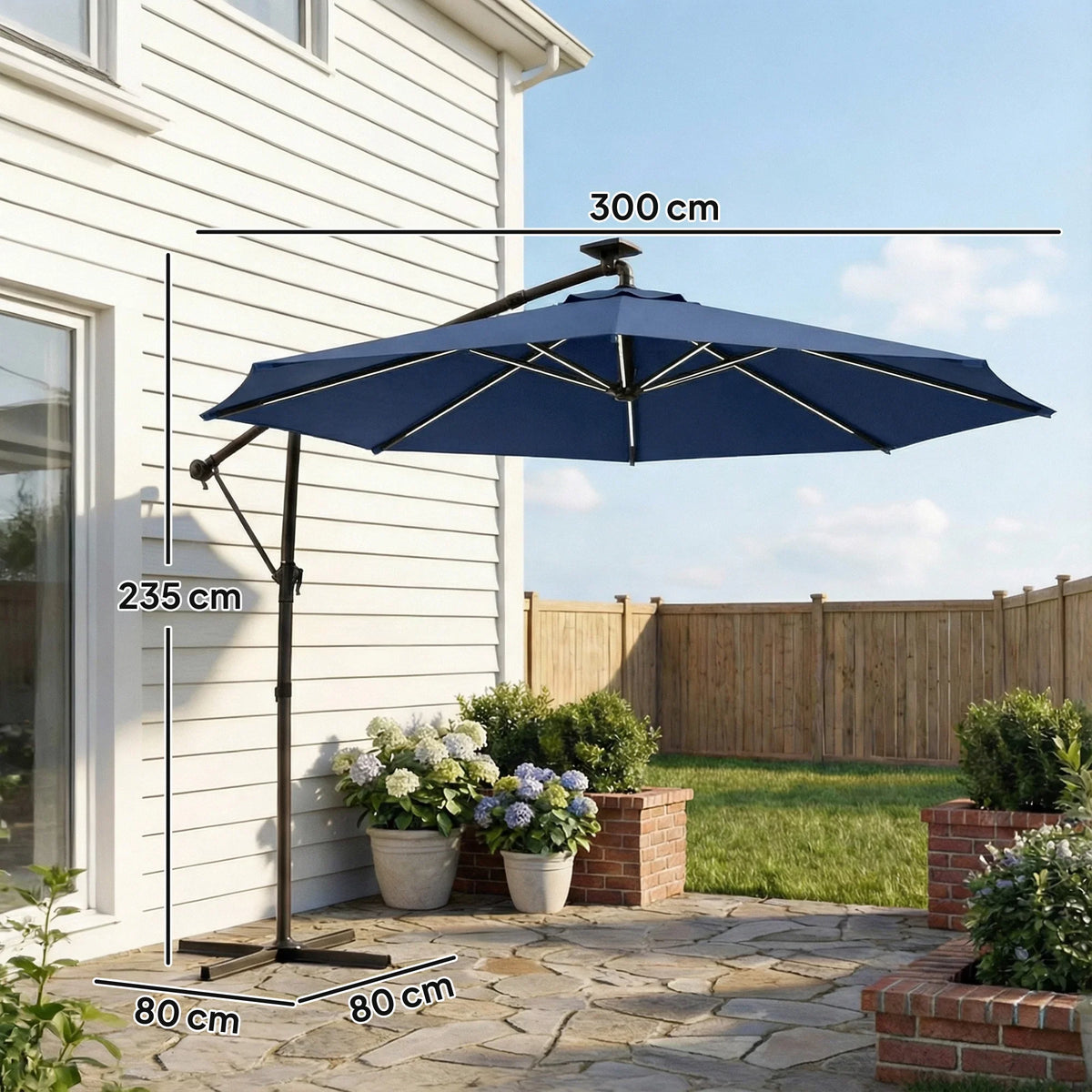 Navy cantilever parasol with side pole and round canopy for patio and garden