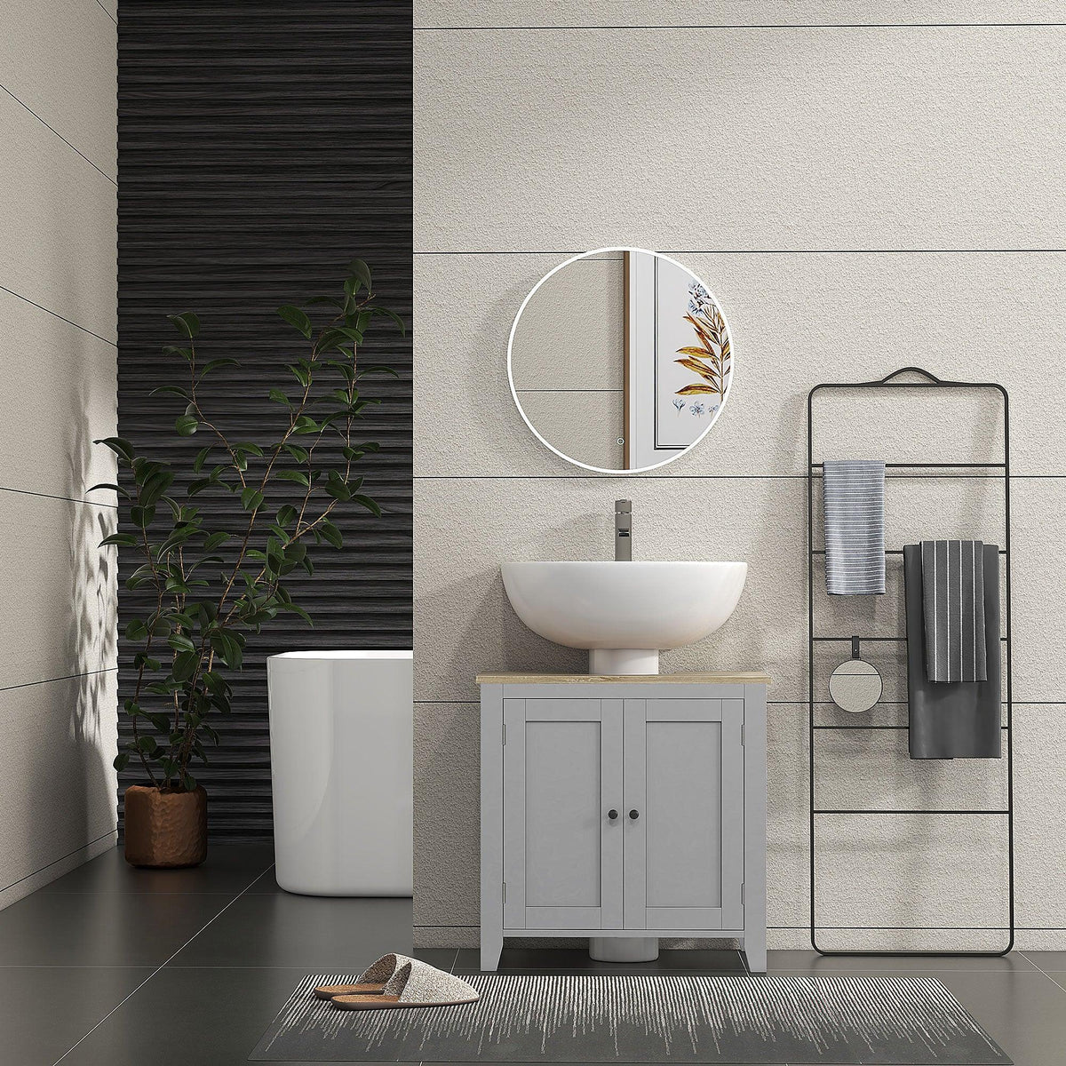 Grey pedestal bathroom cabinet with two doors and light wood-grain top beside sink