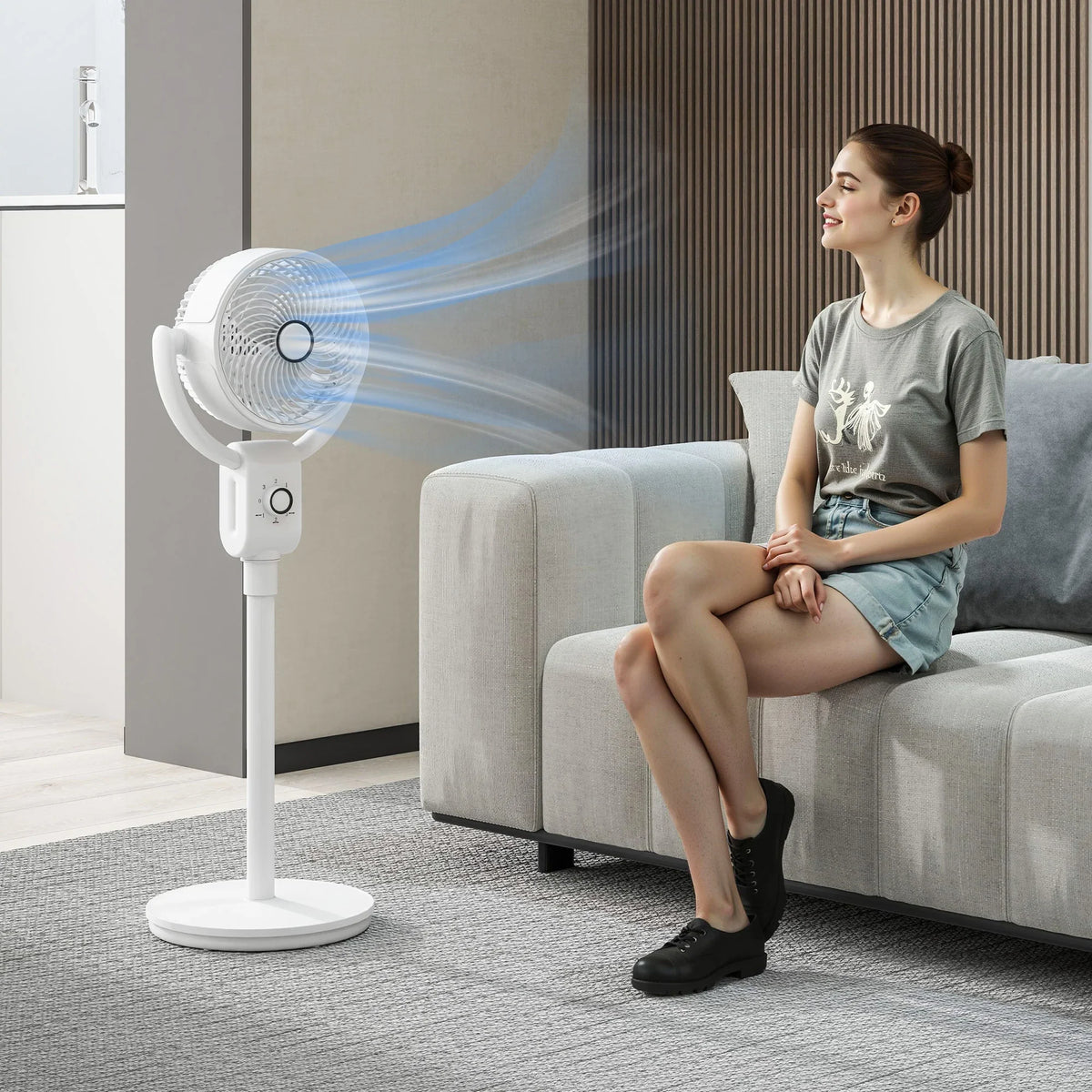 HOMCOM white pedestal air circulation fan with circular grille and adjustable head