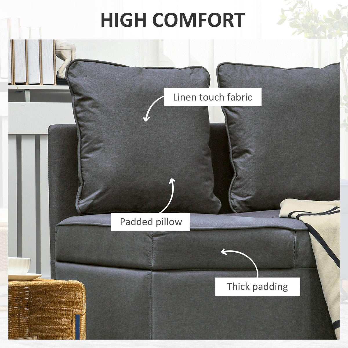 Grey loveseat with linen-touch fabric, padded seat, and thick cushioning detail