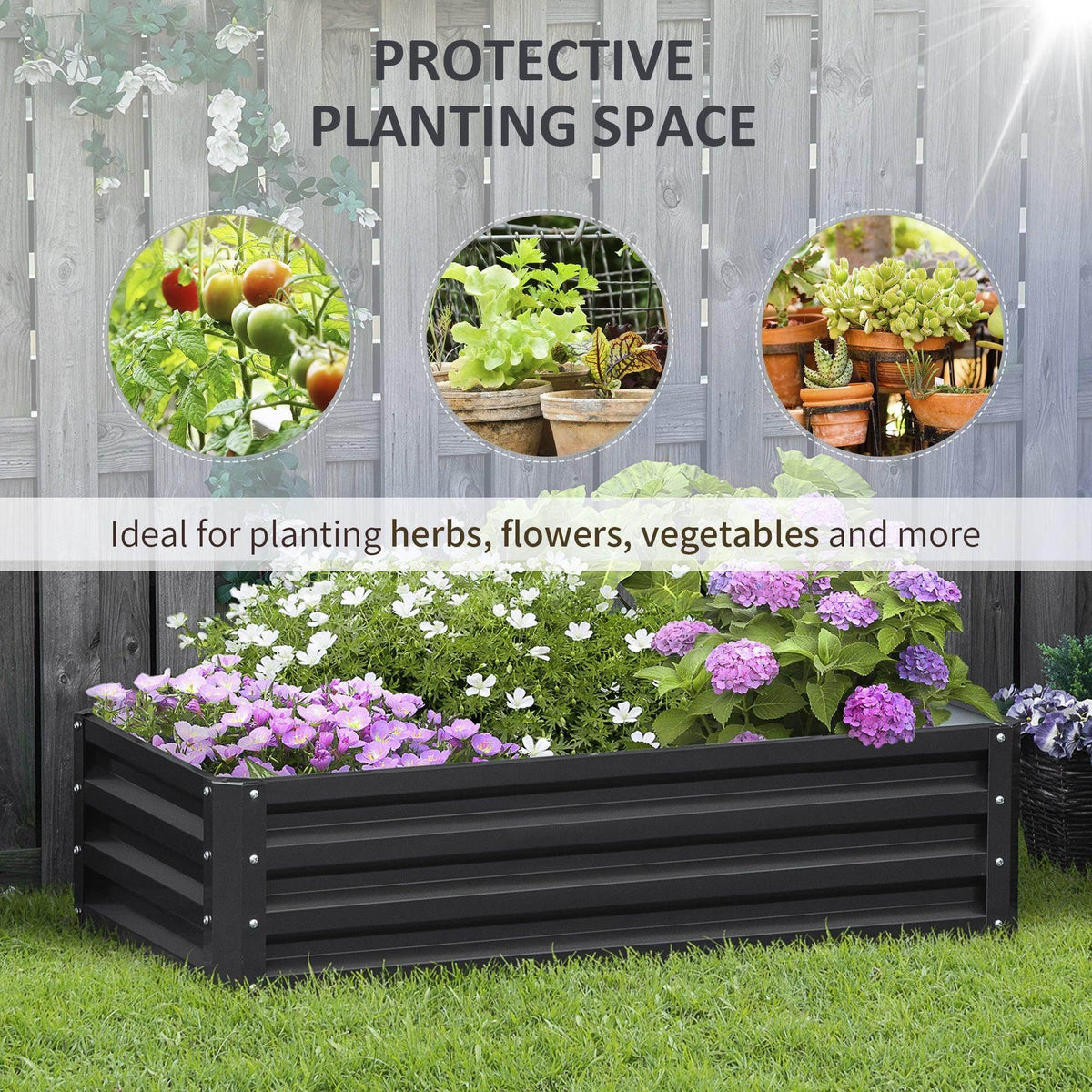 Grey elevated planter bed with slatted frame and blooming flowers for planting