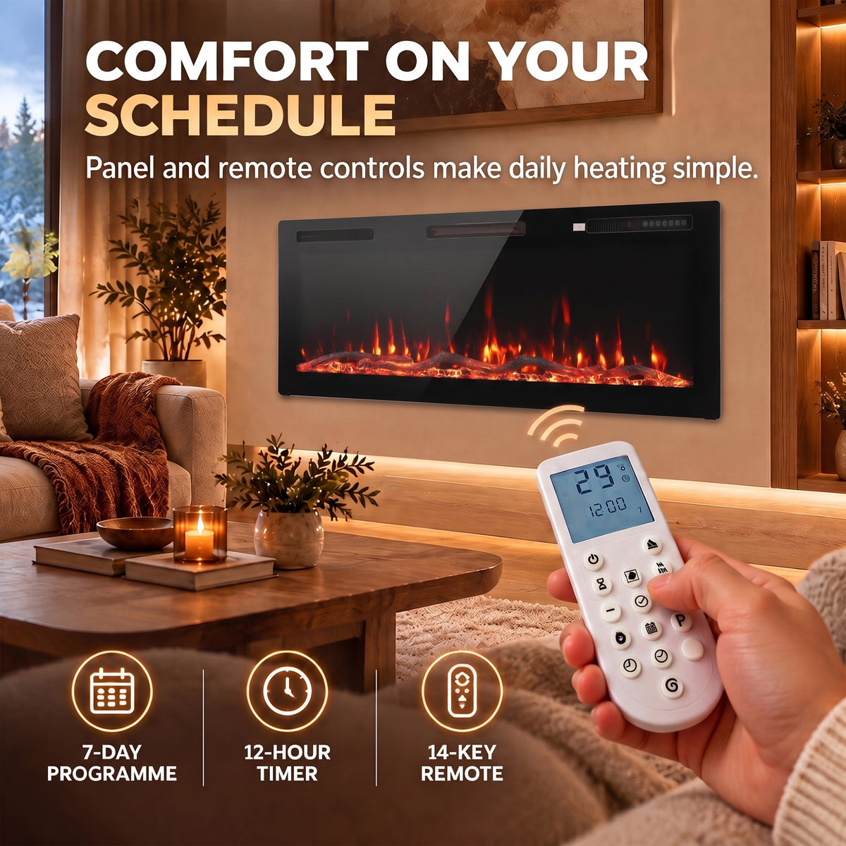 Wall-mounted electric fireplace with black frame, orange flames, and handheld remote control.