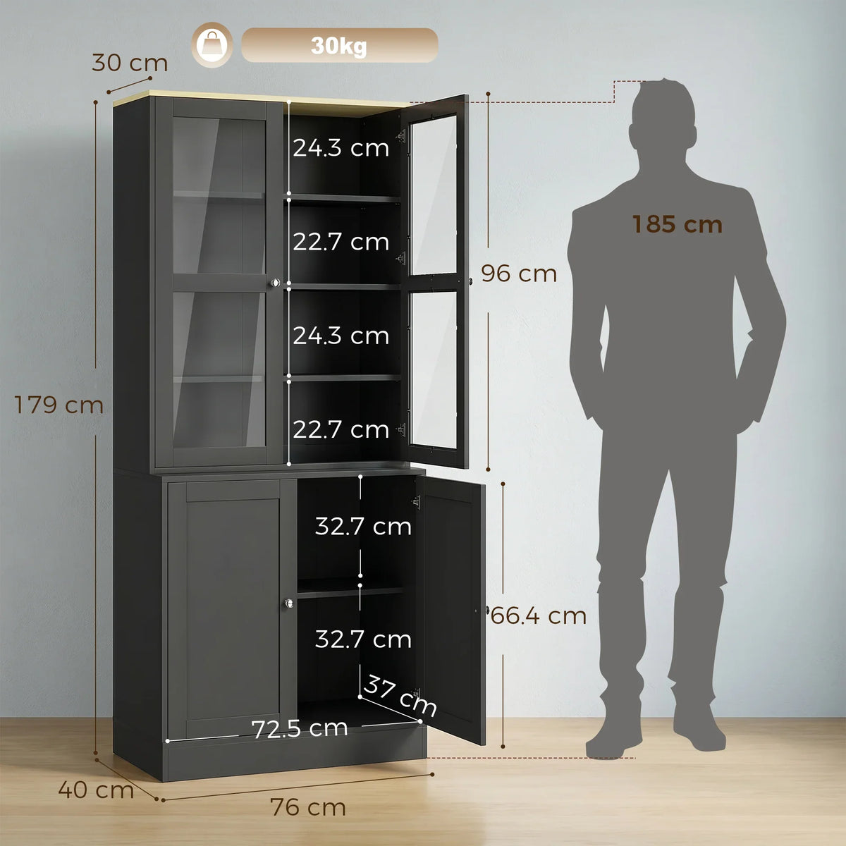 Black glass-door bookcase cabinet with adjustable shelves and side storage