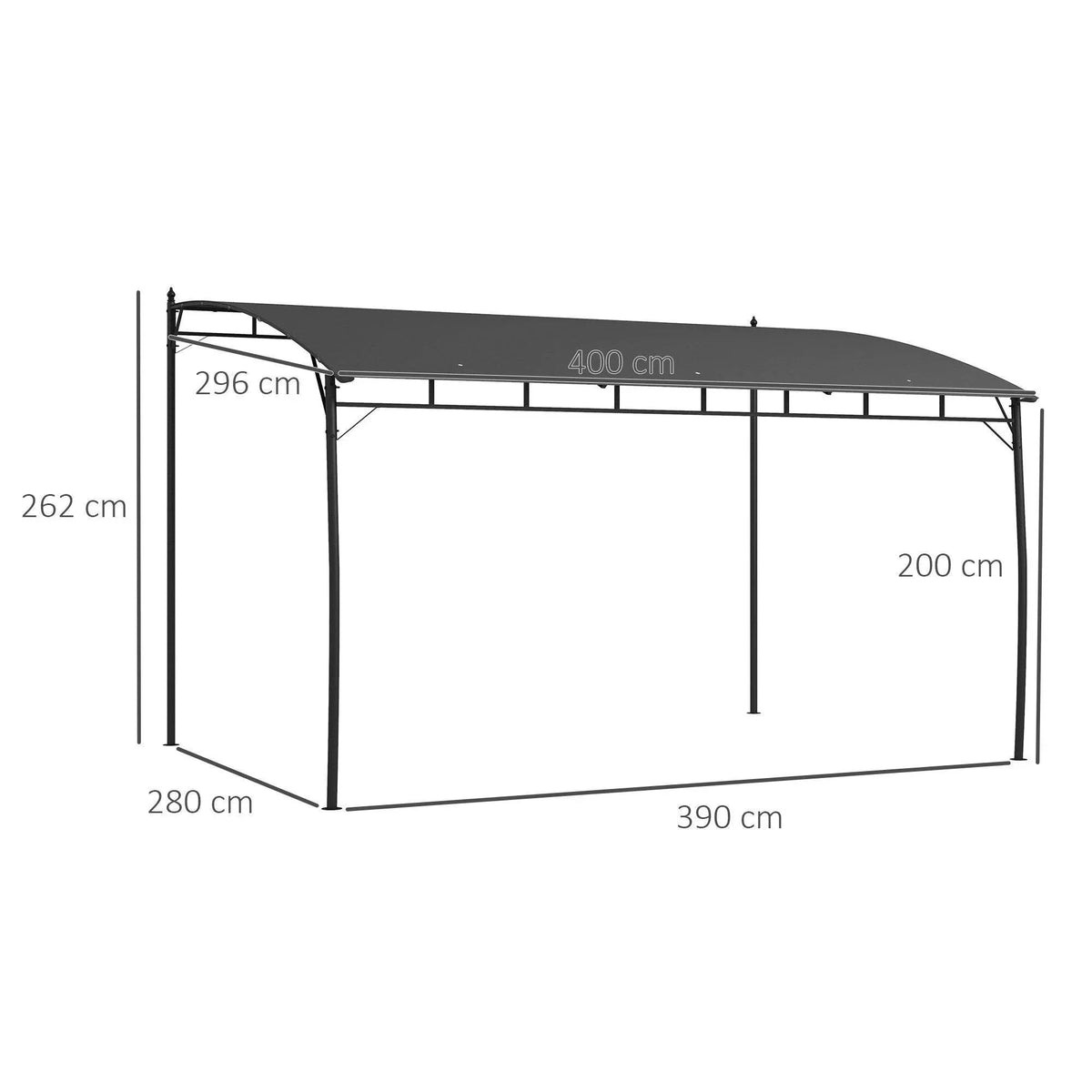 3x4m outdoor pergola gazebo shape diagram, dark gray canopy on black metal frame