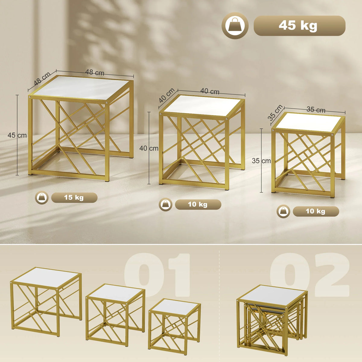 Three nesting side tables: sizes shown; white tops with gold metal lattice frame