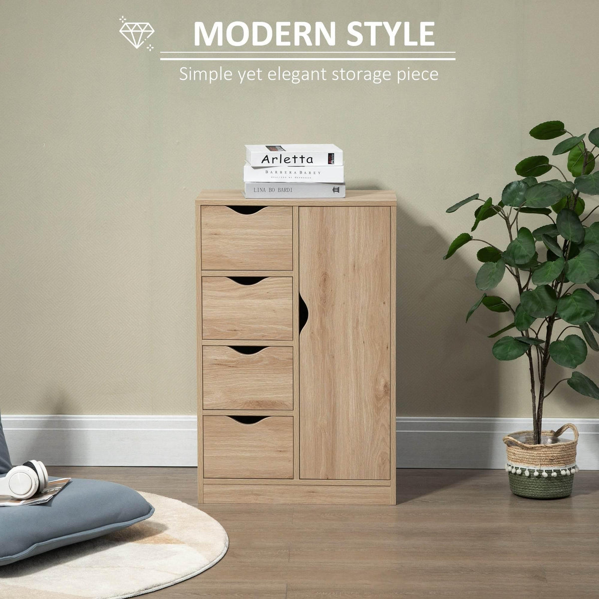 Natural wood bathroom storage unit with four drawer fronts and cabinet door