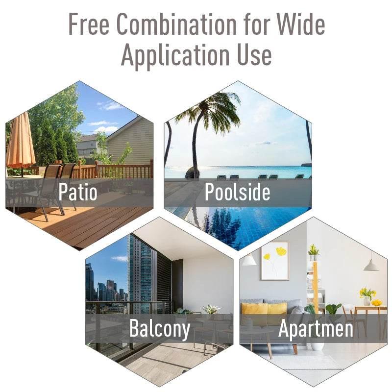 Use-case collage with patio, poolside, balcony, and apartment icons for folding chairs
