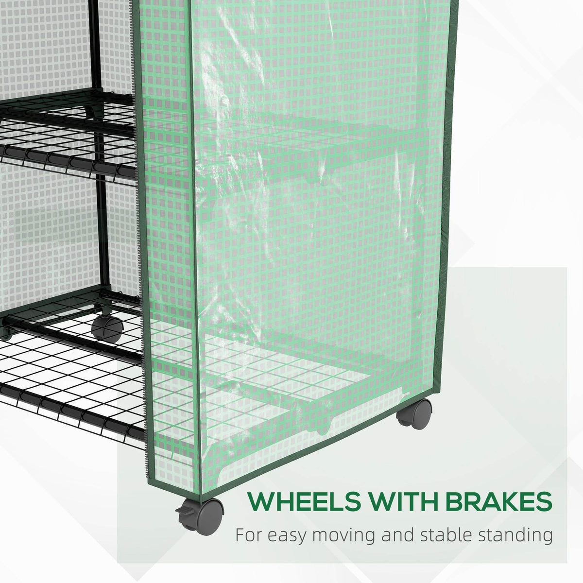 Green greenhouse on caster wheels with lower frame and transparent side panels