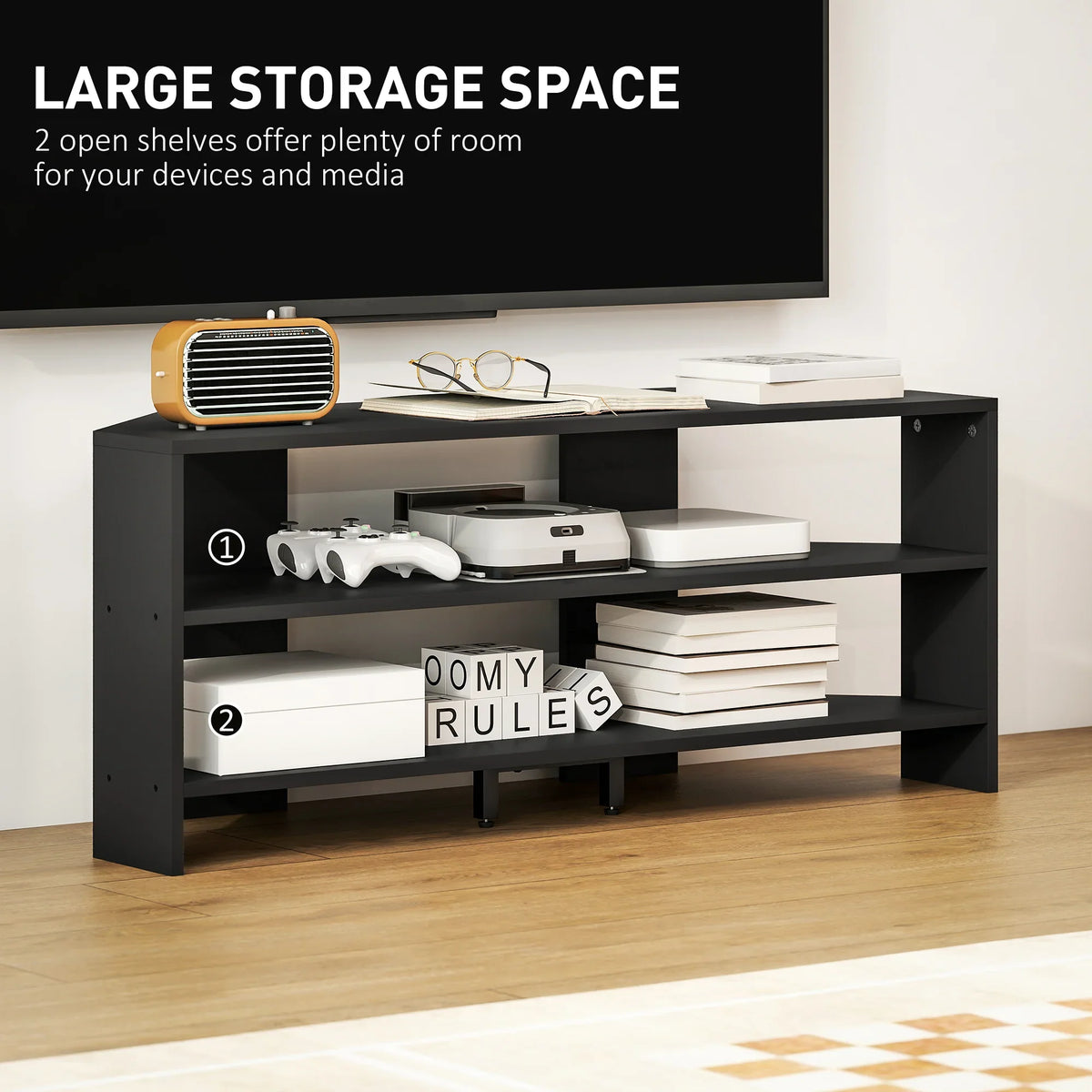 Black corner TV stand featuring two open shelves and two storage drawers for media