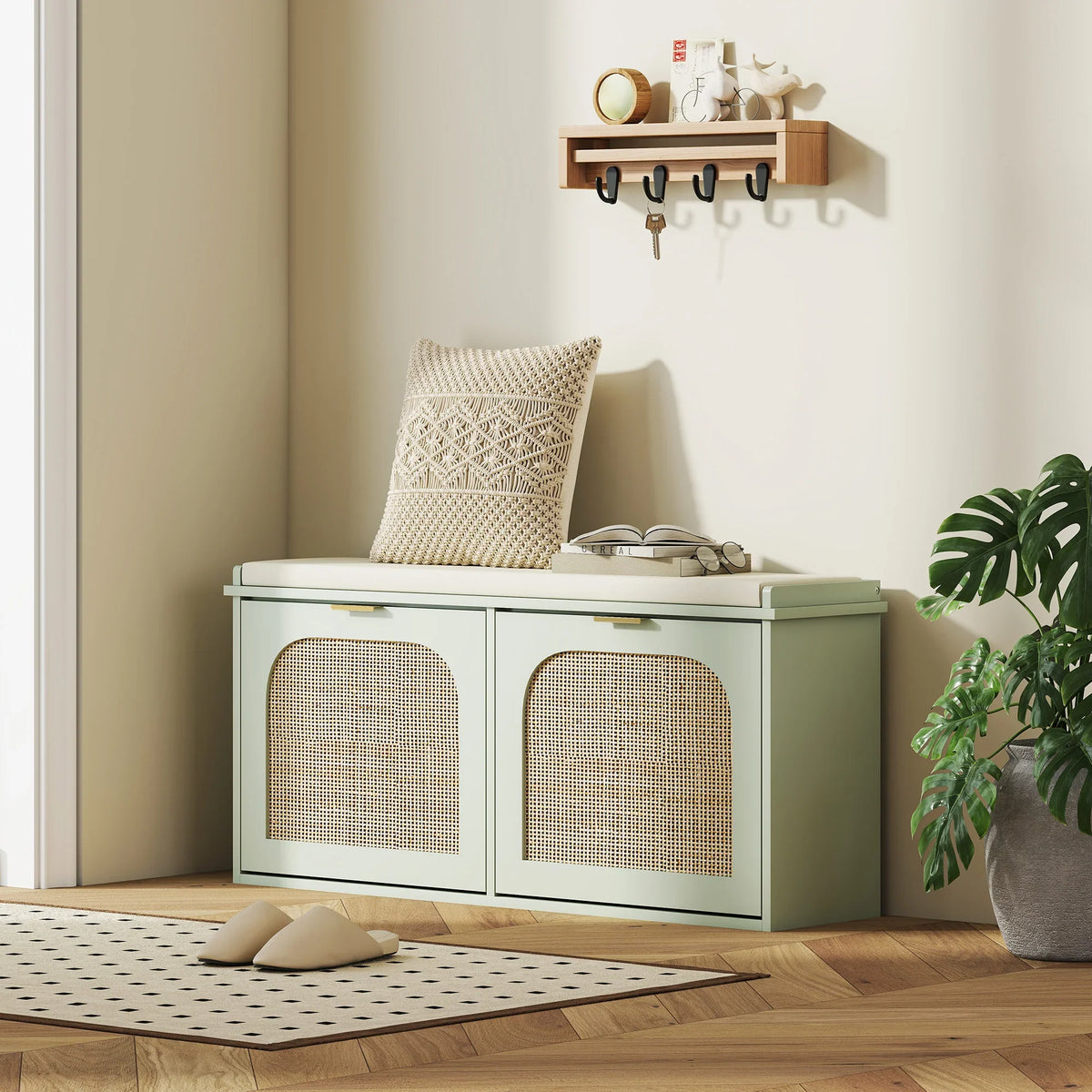 Light green shoe bench with rattan-style door panels and padded seat