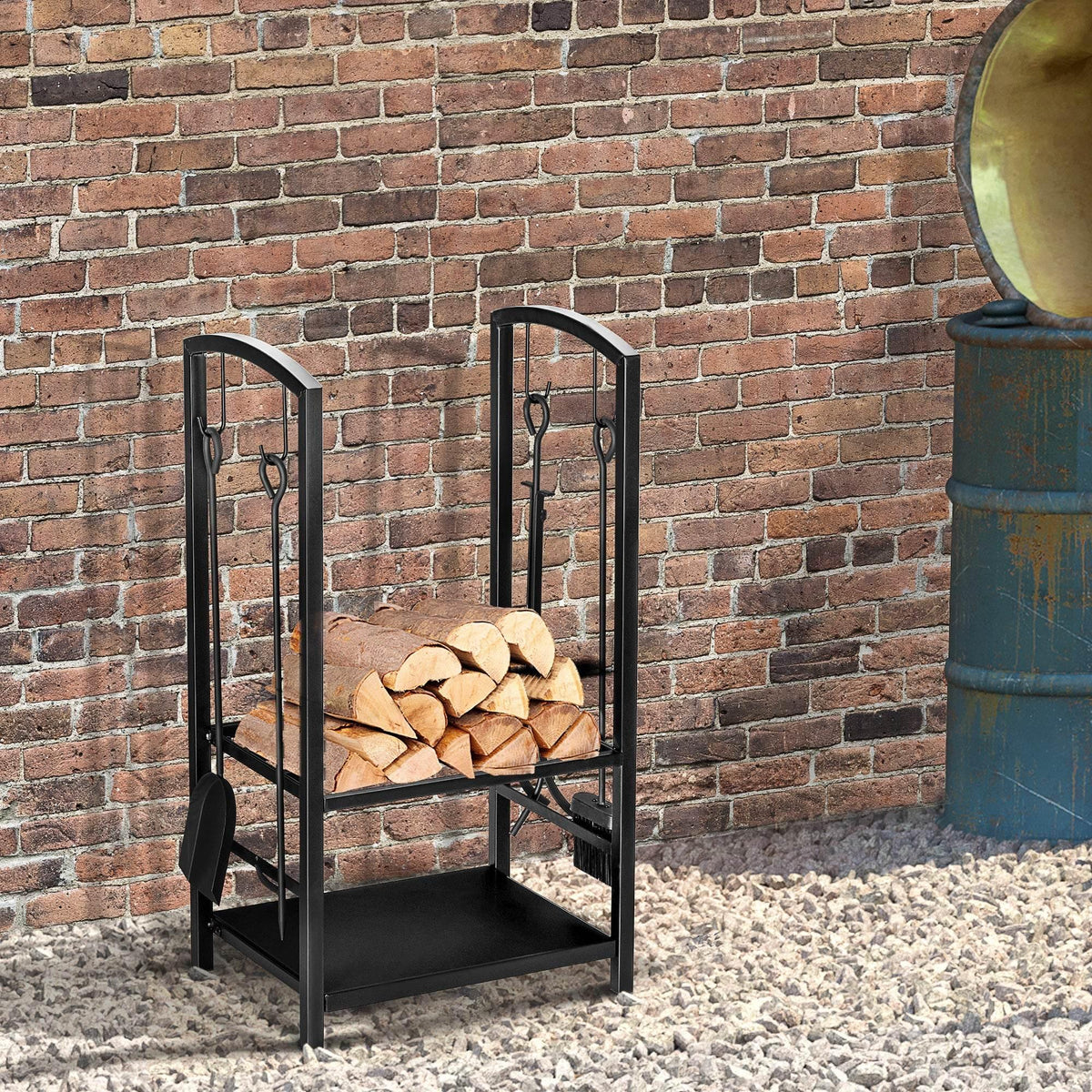 Black steel firewood log rack with tool hooks and open lower shelf for storage