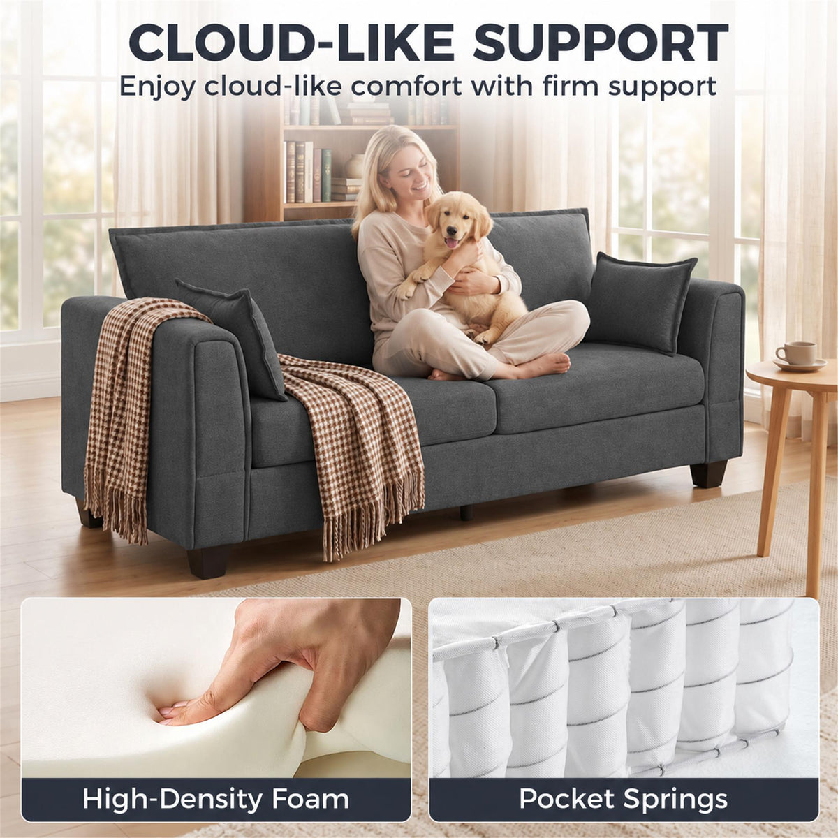Dark grey 3-seater sofa with padded arms and matching pillows, styled with a throw.