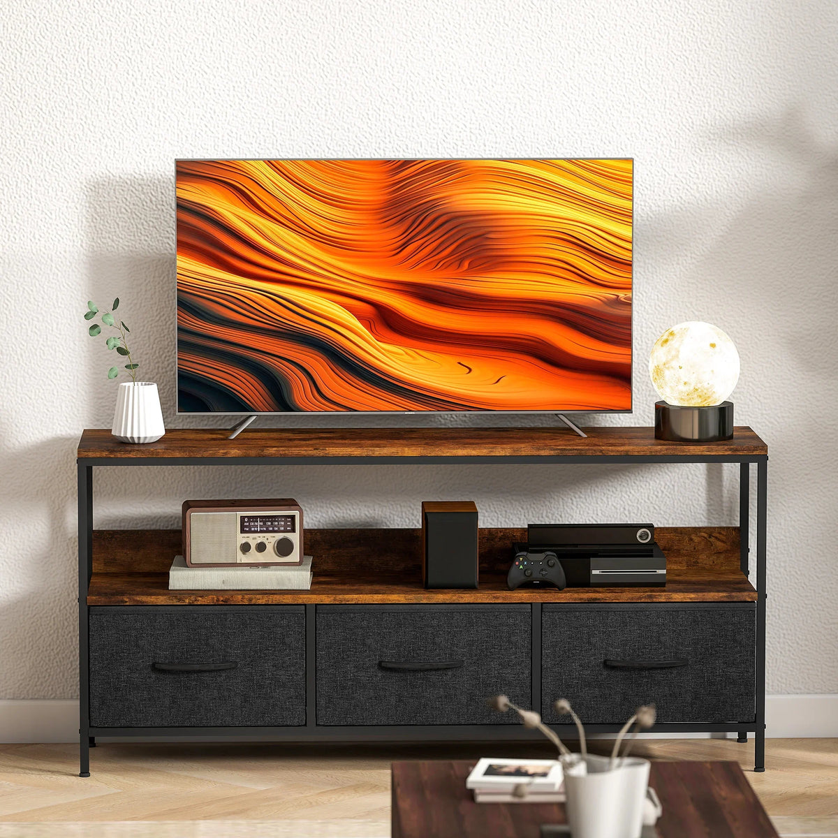 TV stand cabinet with three foldable drawers and open shelf, rustic brown top, black bins