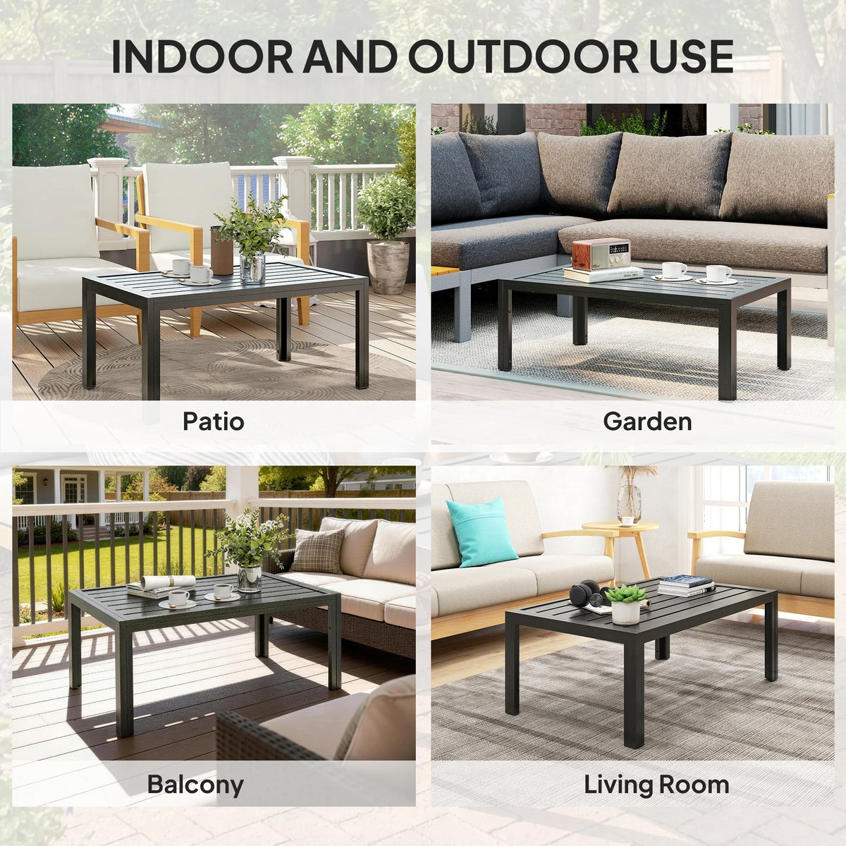 Grey outdoor rectangular side table with slat tabletop, shown in indoor and outdoor setups