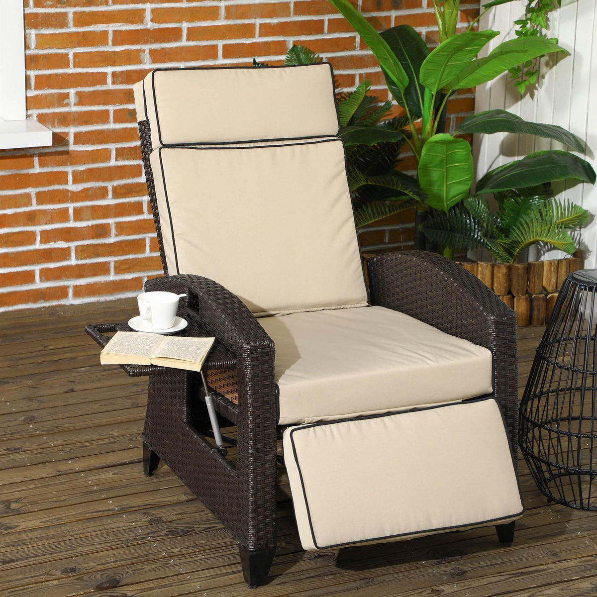 Adjustable outdoor recliner chair with beige cushions and attached side table, dark brown wicker