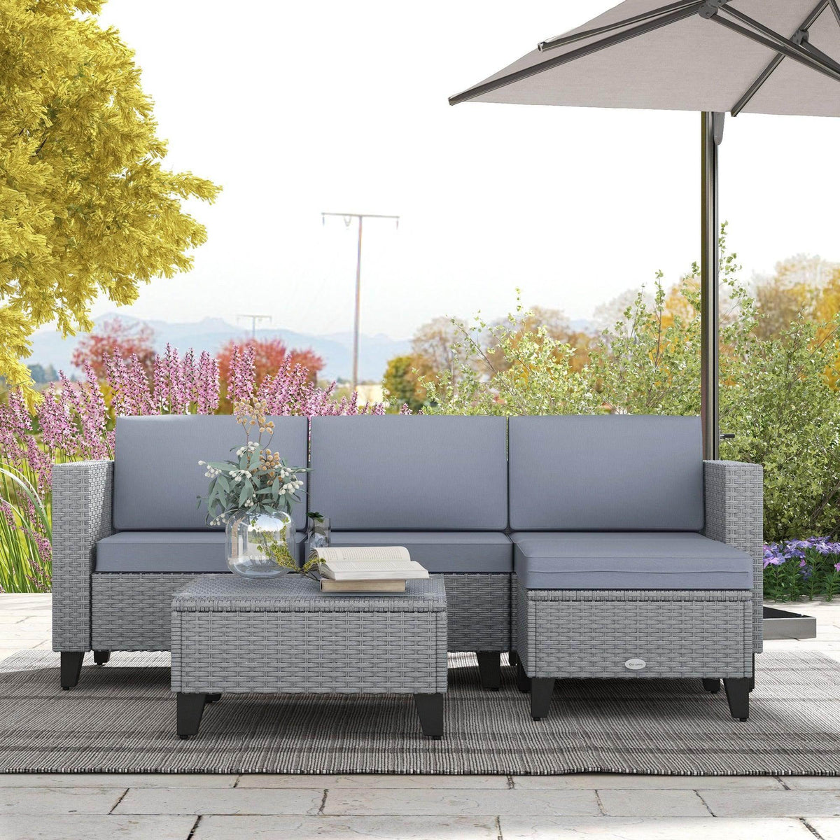 Outsunny grey rattan patio corner sofa set with footstools and coffee table, cushioned