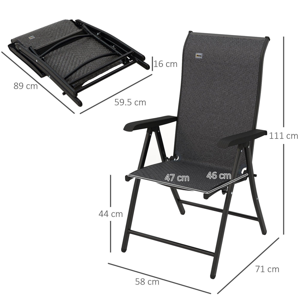 Grey folding dining armchair with armrests and adjustable recline backrest