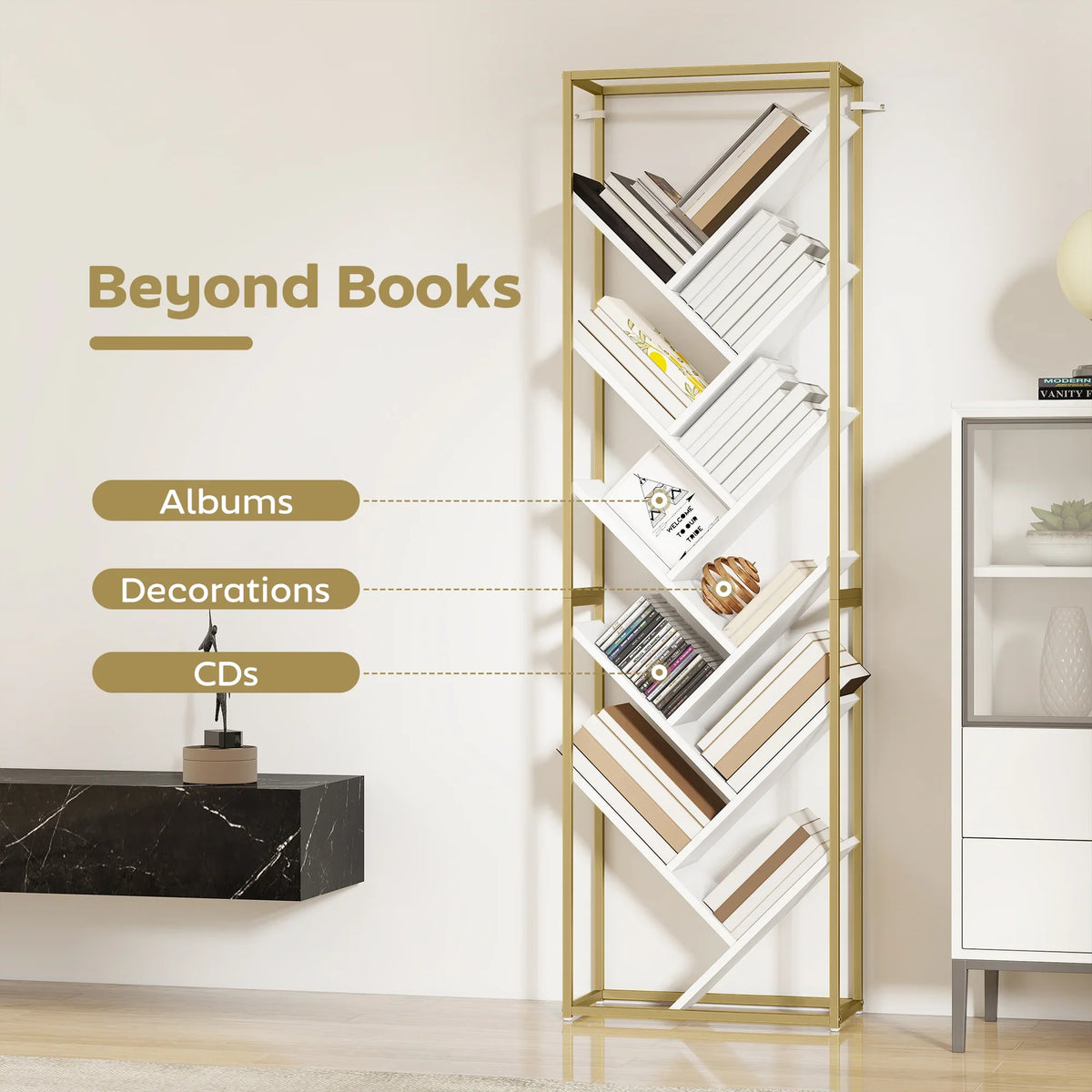 Tall gold-tone and white tree bookshelf with 10 angled shelves