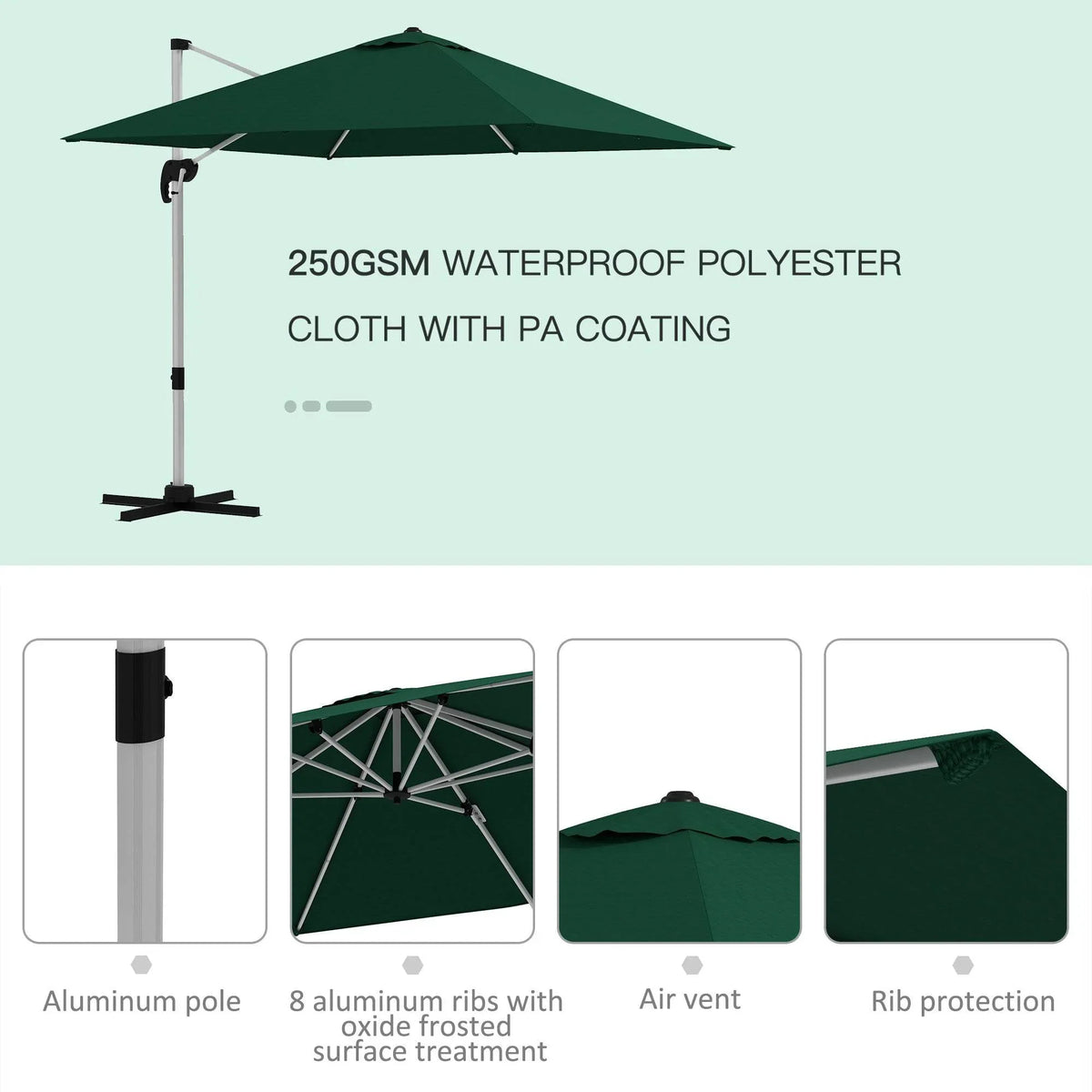 Green waterproof polyester cantilever parasol with PA coating and vented canopy