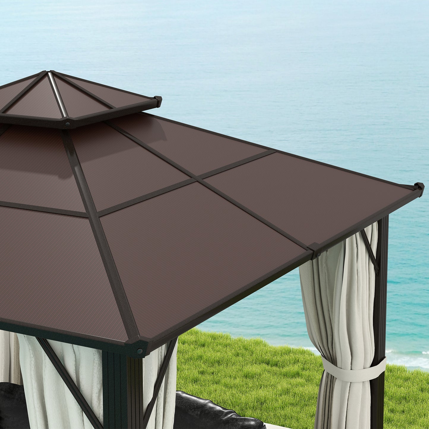 Outsunny 3x3m Hardtop Gazebo With UPF30 Polycarbonate Roof Aluminum Frame Pavilion Mosquito Netting Curtains Beige