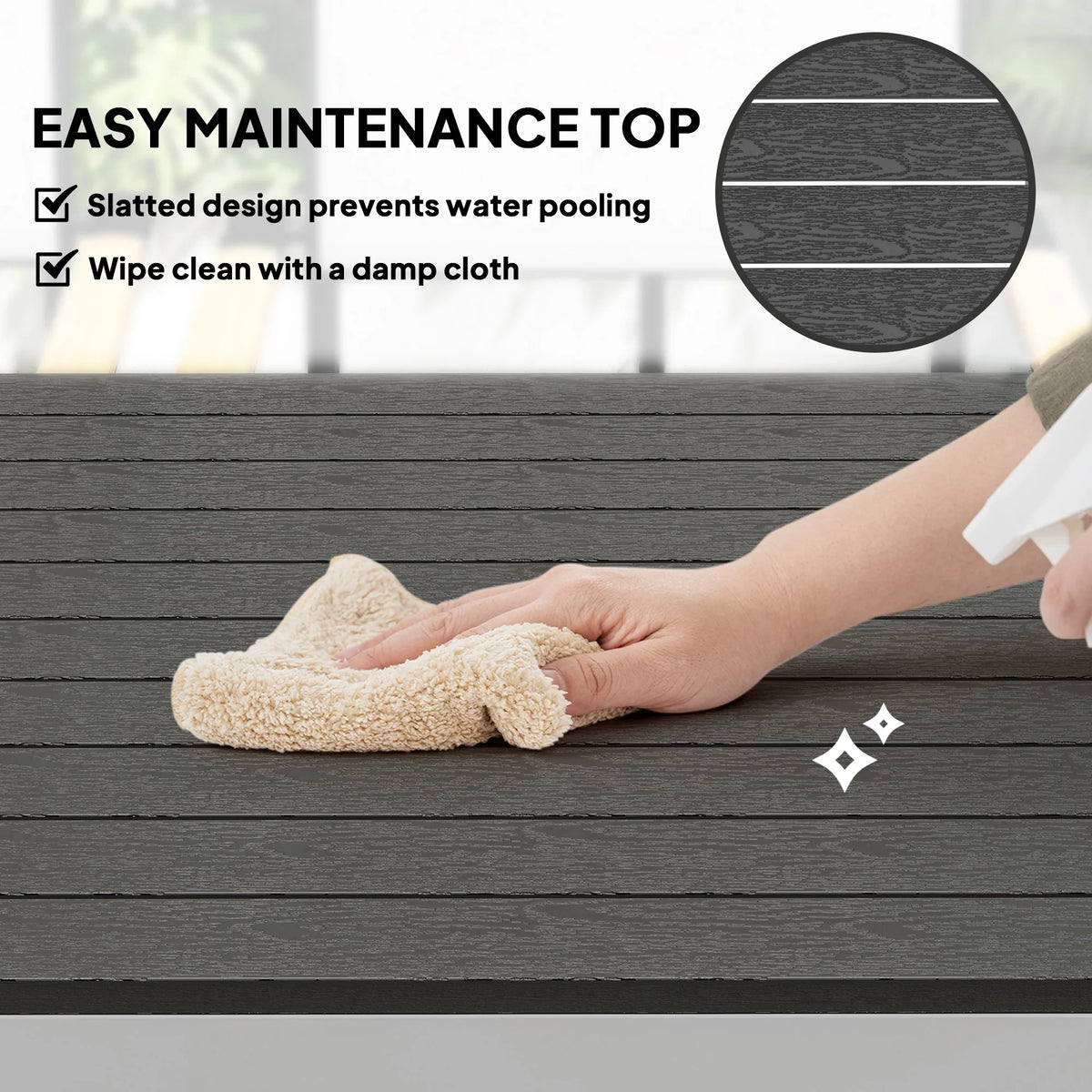 Outdoor dining table slatted top with wipe-clean surface detail