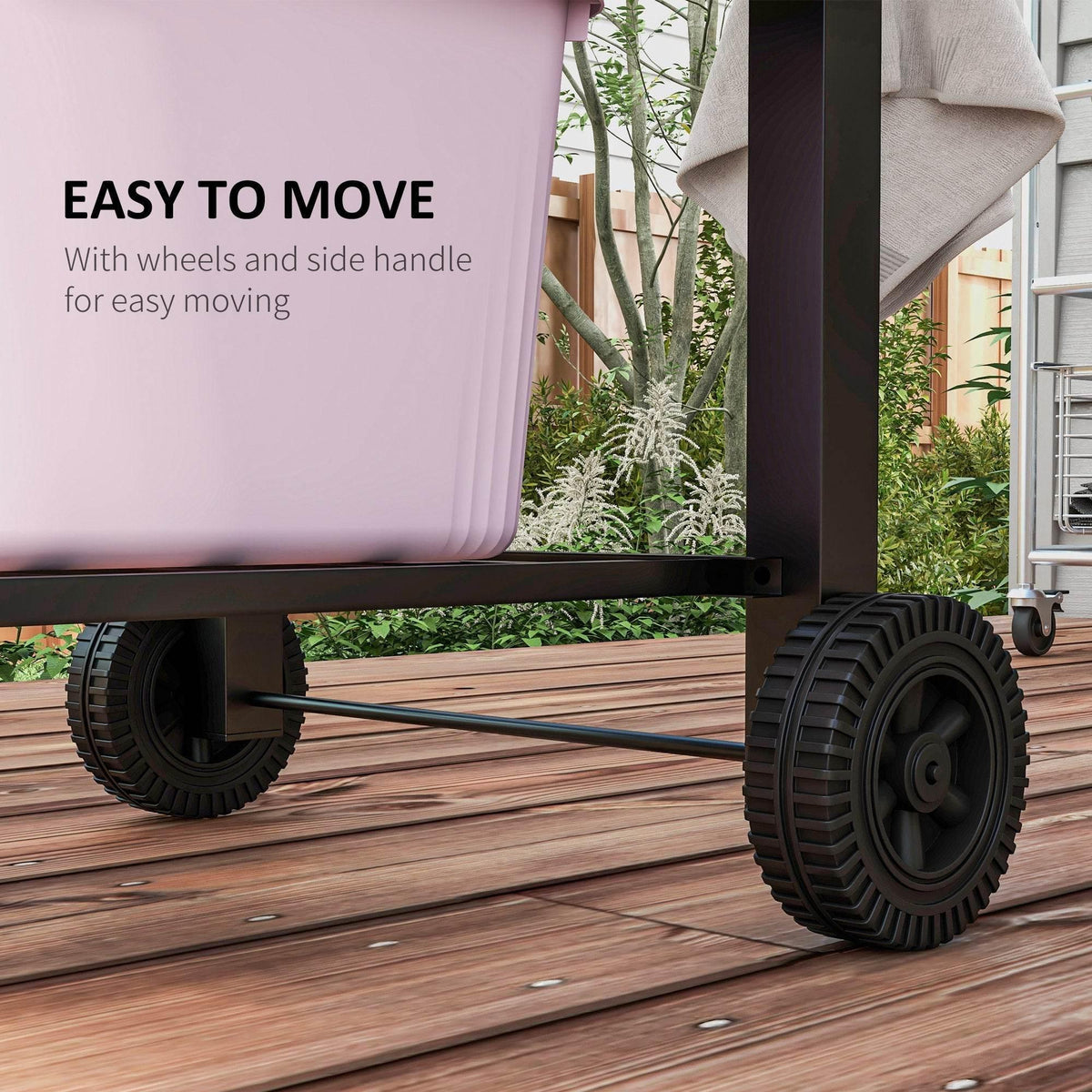 Charcoal grill cart with large wheels and side handle for easy moving.