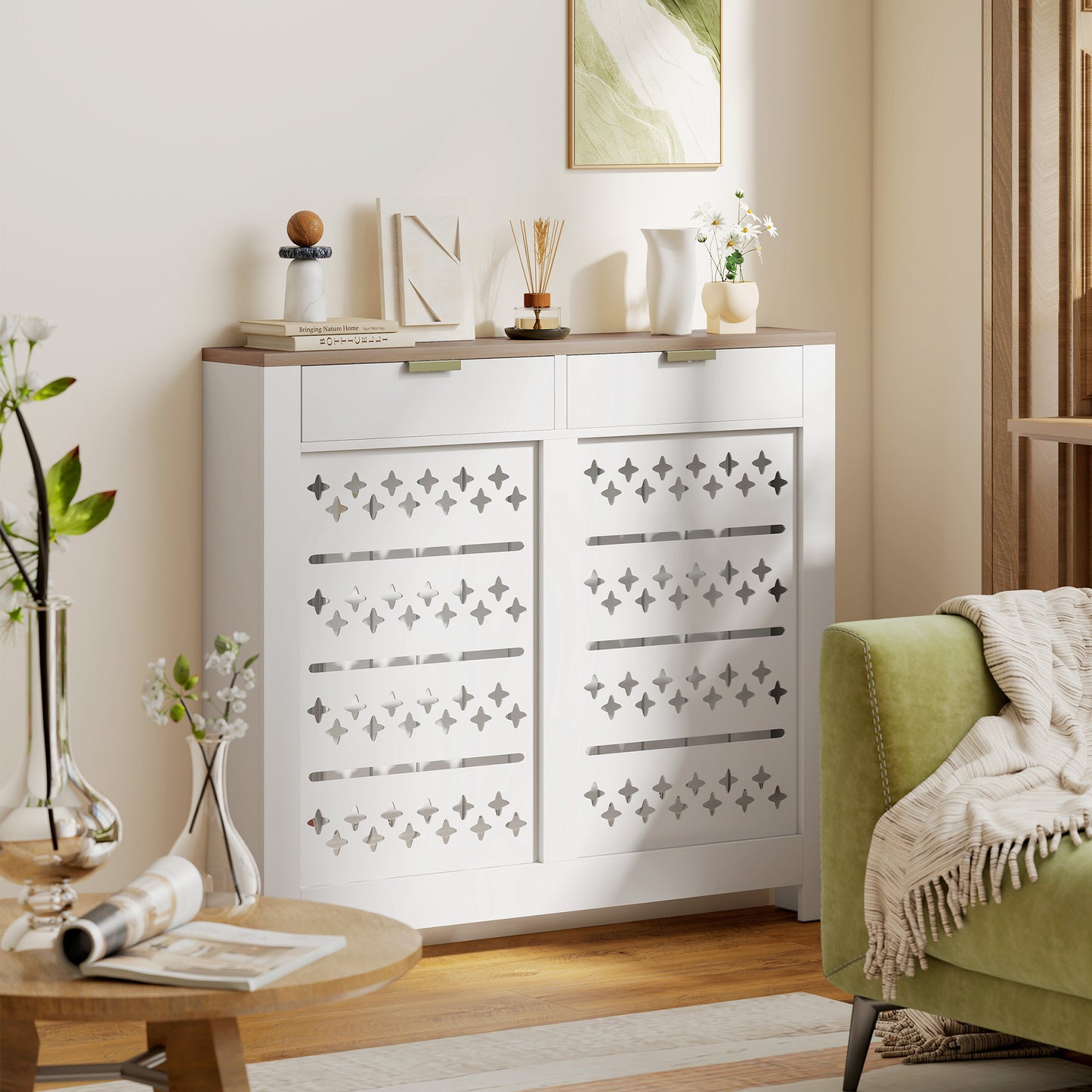 HOMCOM 108 X 19 cm Minimal Radiator Cover With 2 Drawers White Wood Effect Particle Board MDF Blend Safe Design