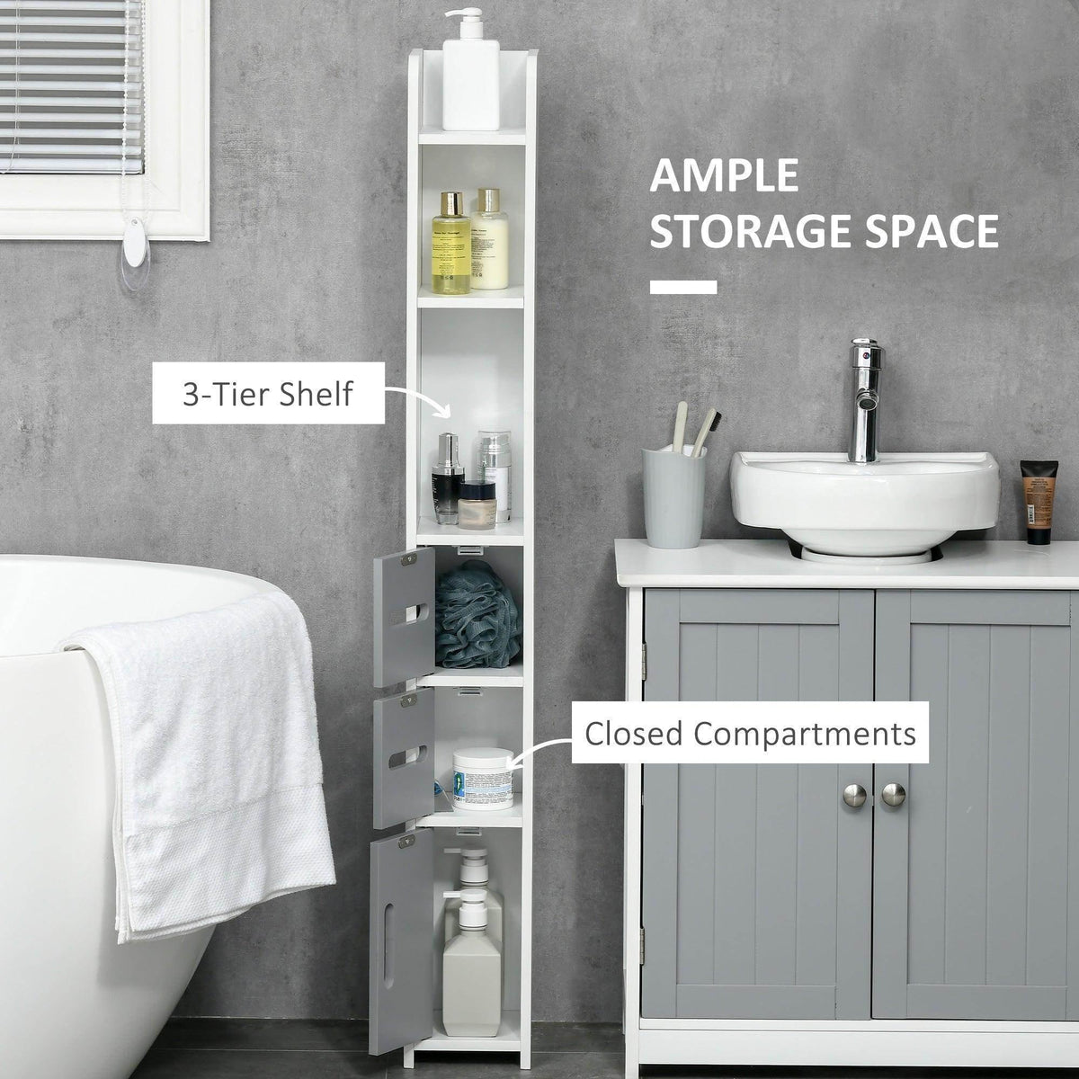 Tall grey bathroom storage cabinet with open shelving and closed compartments for toiletries