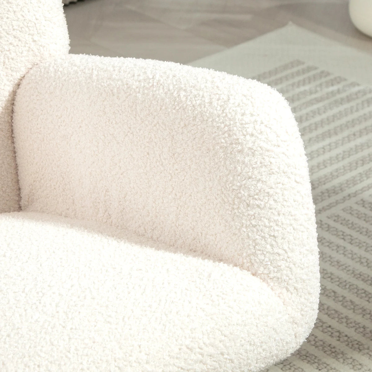 Cream teddy fleece rocking chair armrest with thick, fluffy upholstery